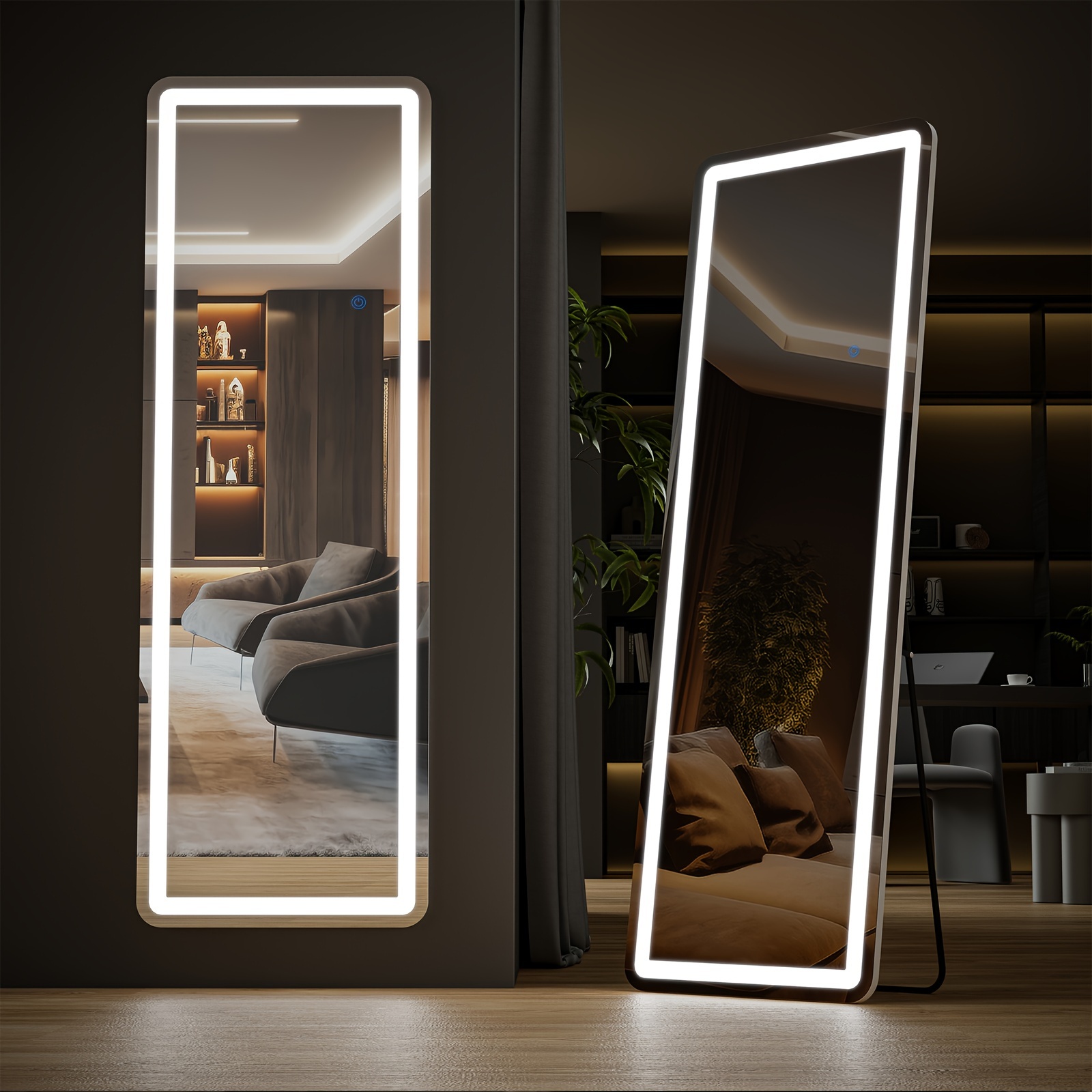 

Led Full Length Standing Mirror, Mirror With Led Lights, 64"x21" Wall Mirror Aluminum Alloy Thin Frame, 3 Color Lighting Hanging Or Leaning For Wall