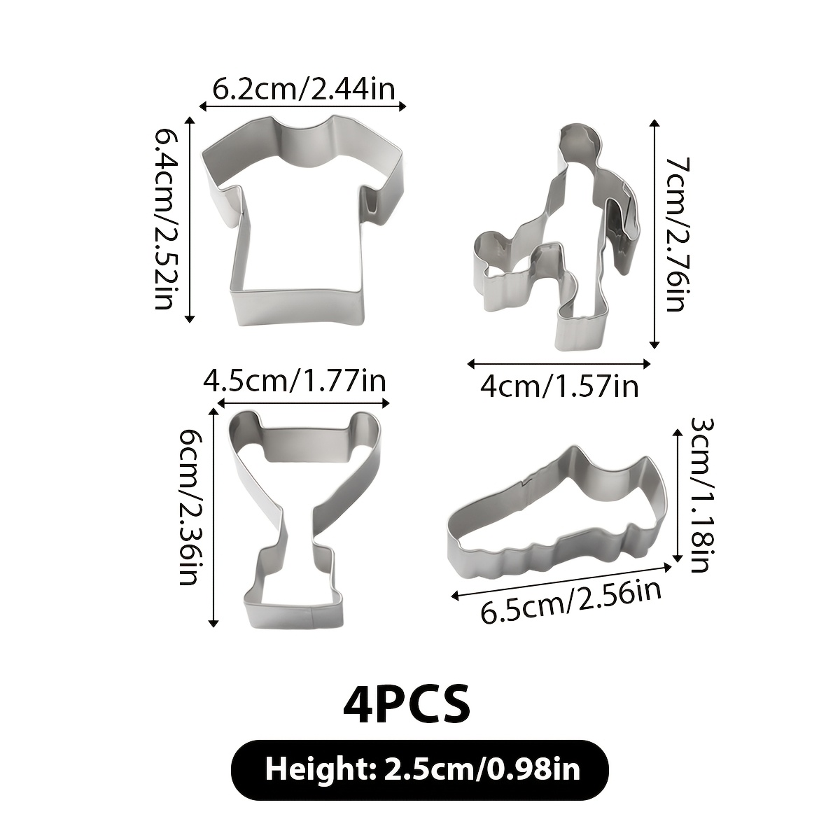 E-shop 4-teiliges Sport-Themen-Keksform-Set, Keksformen aus Edelstahl, Fußballtrikot, Pokal, Sneaker, Athletenformen, vielseitige Backwerkzeuge zum