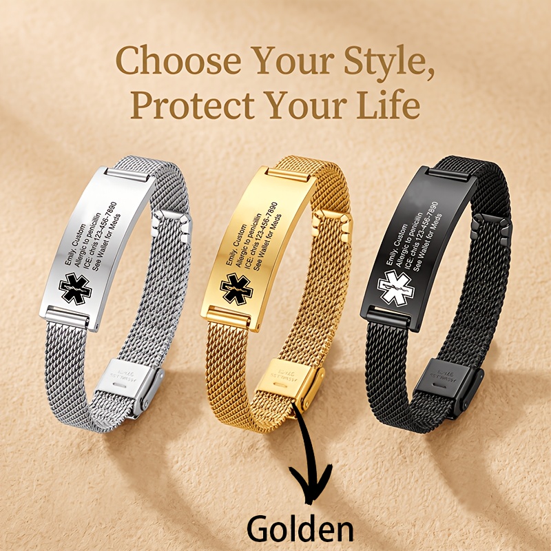 TEMU Custom Stainless Steel Bracelet, Unisex, Personalized With Contact Information, Suitable For All Ages, Important In Emergencies, Safety Reminder