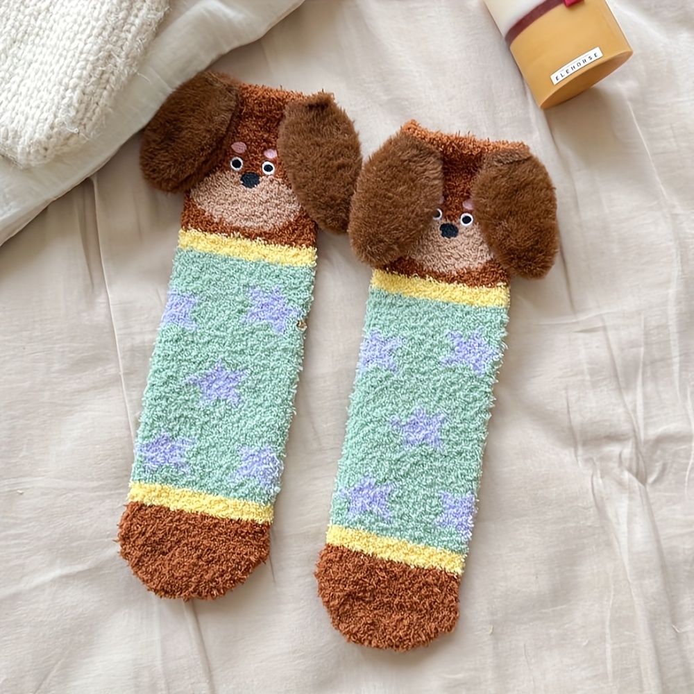 TEMU Single Pair Women's New Cartoon Dachshund Coral Fleece Embroidered Christmas Mid-calf Socks Home Floor Socks Women's Socks Non-shedding Sleep