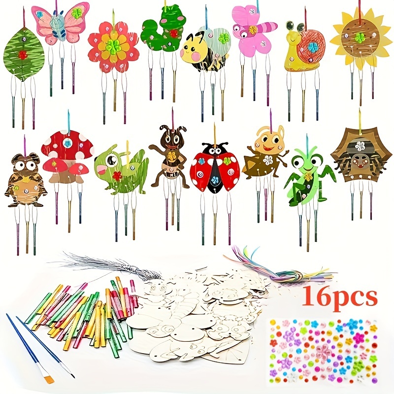 

12/16pcs Diy Wooden Insect Wind Chime Party Gift Insect Craft Wind Chime Kit Wooden Painting Art Coloring Craft Suitable For Festival Party Art Event Supplies