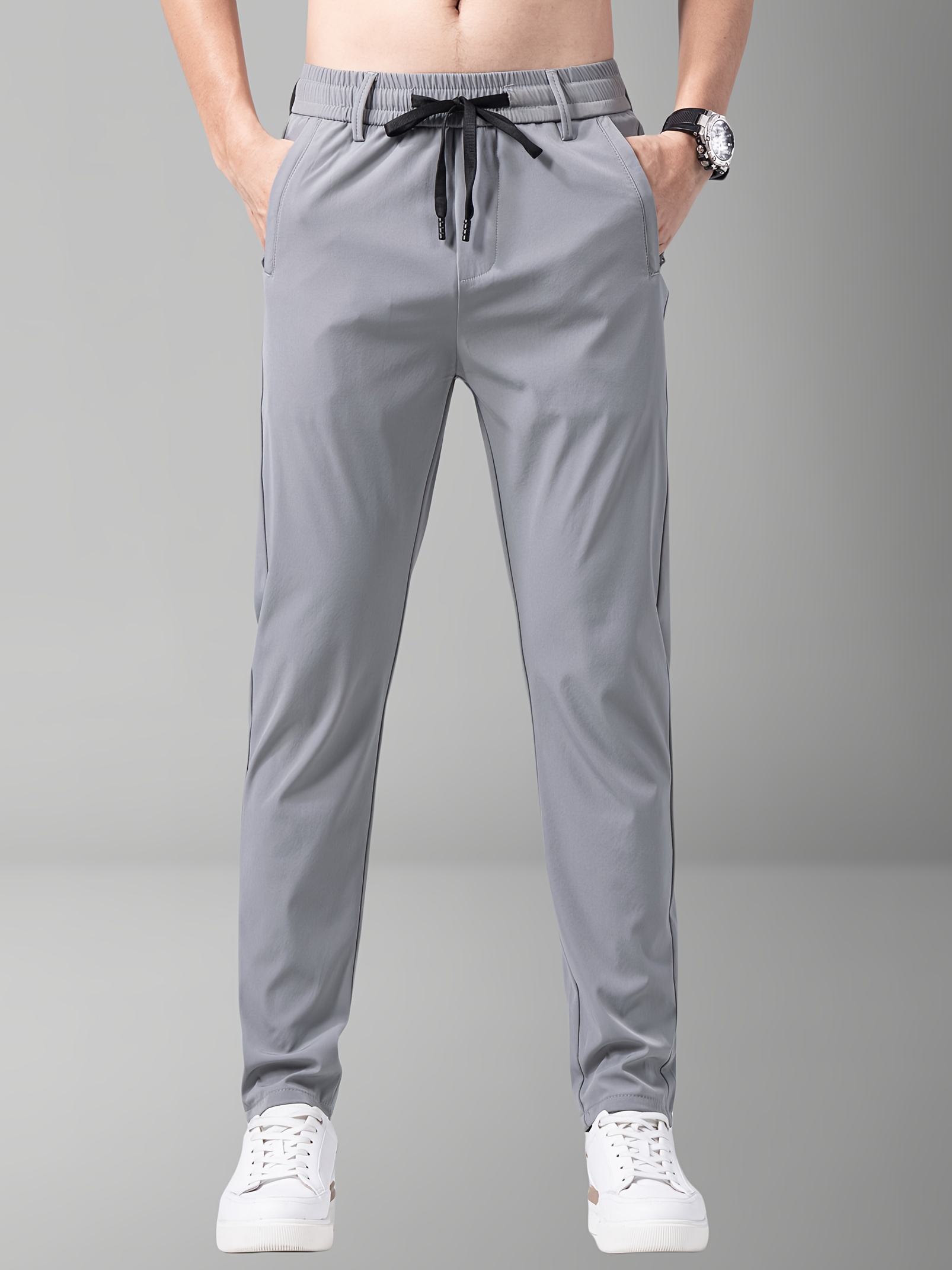 mens summer sports pants gray drawstring waist zippered pockets casual outdoor athletic wear for tennis golf casual athletic wear casual sportswear polyamide fabric details 1