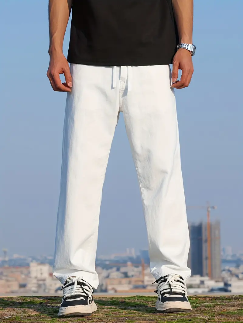Loose Cotton Blend Men's Solid Wide Leg Pants Men's Casual - Temu