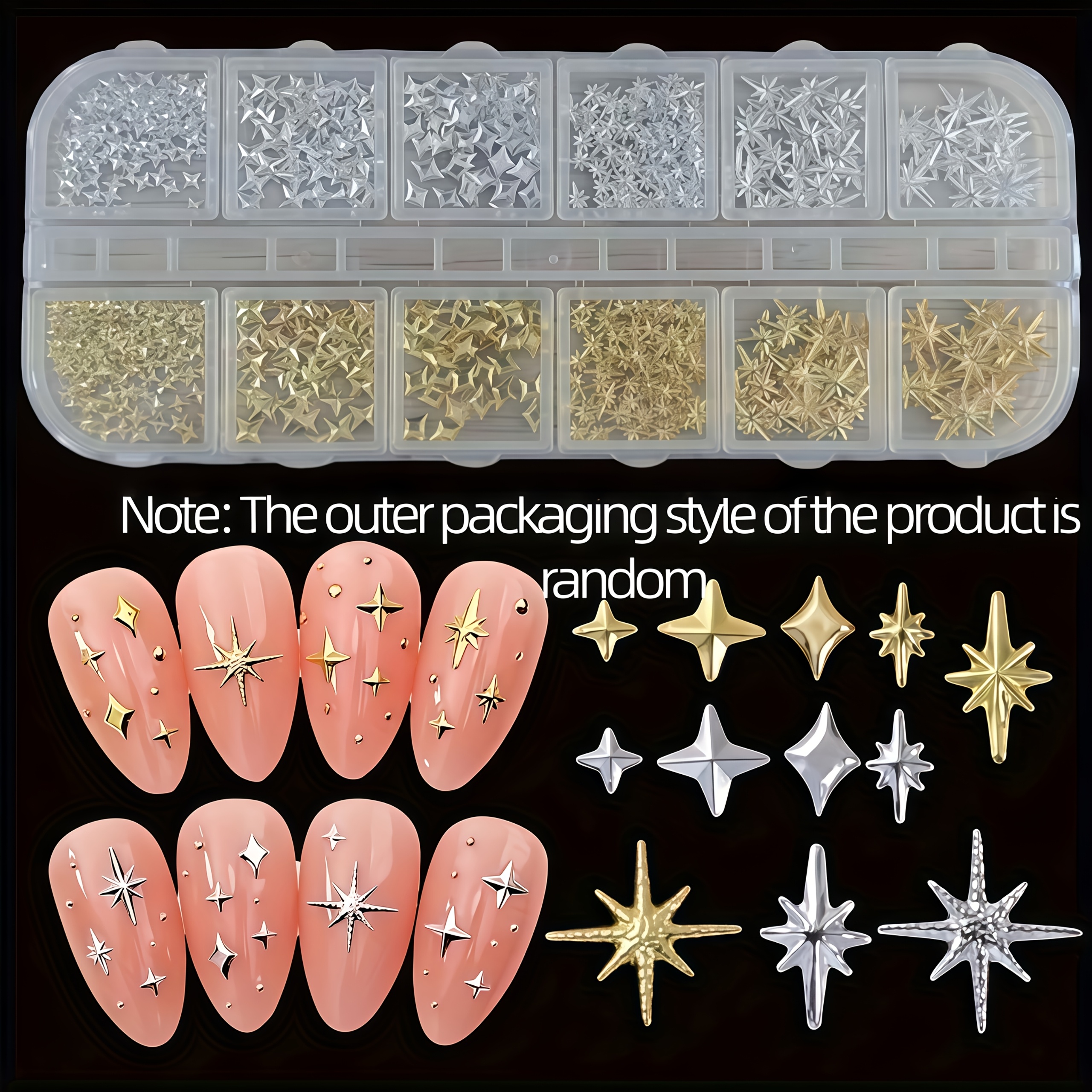 Image of Nail Art Set With 12 Compartments - Includes Golden And Silvery Star Studs And Hexagon Charms | Safe For Skin 3d Metal Decorations | Ideal For Home Applications