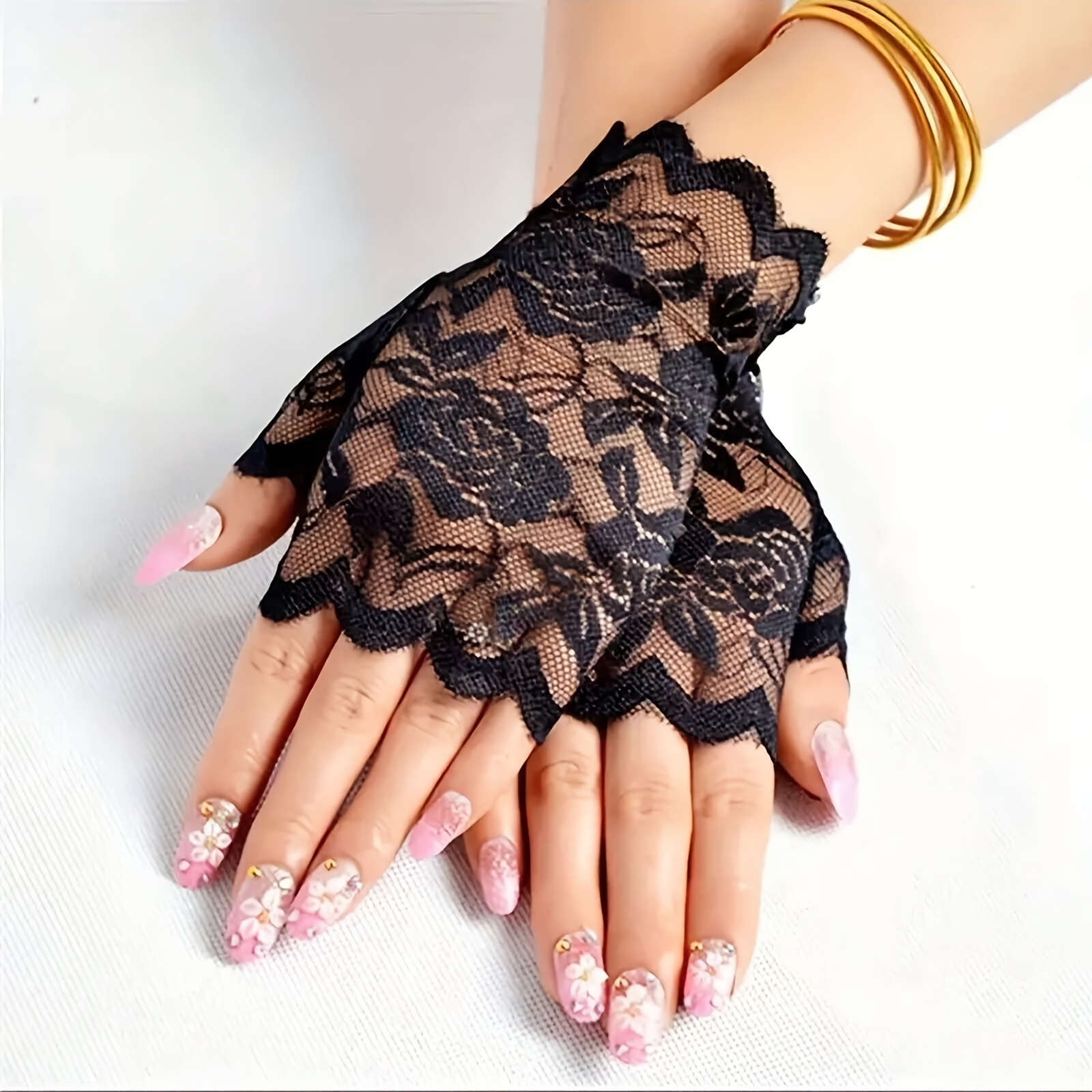 E-shop 2er-Set Damen Spitzen Hochzeitshandschuhe Halbfinger Design Kurze Performance Dekoration Elegante Spitzenhandschuhe mit spitzem Fingerende,