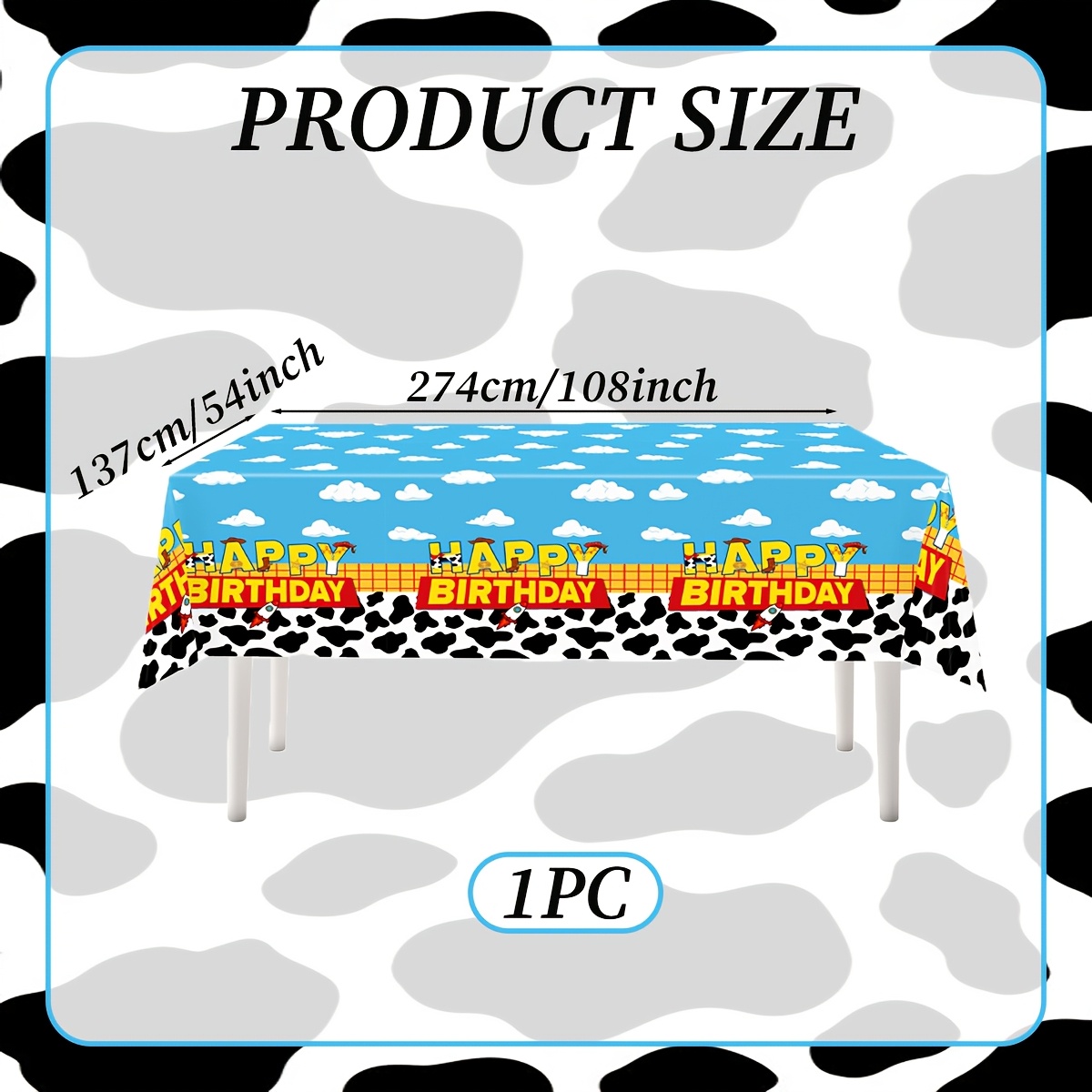 TEMU Mantel rectangular desechable de mezclilla con diseño de vaca, mantel de plástico para con estampado de mezclilla de vaca azul cielo y blancas,
