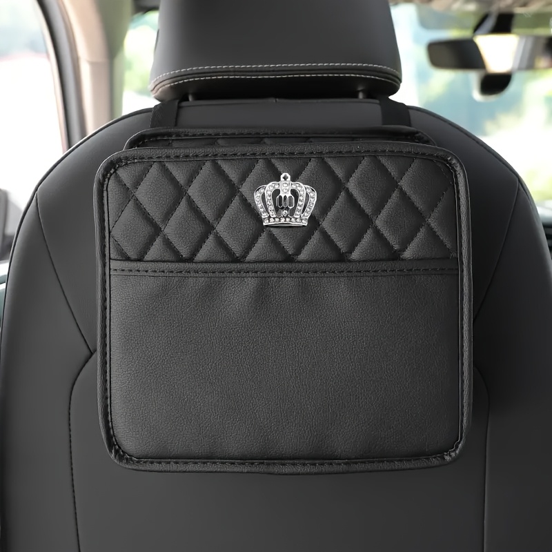 TEMU 1 stuk Sprankelende Strass Kroon Auto Hoofdsteunaccessoire - PU-leer Geschikt voor Voor-/Achterstoelen met Opbergvak, Kroonvormige Strass