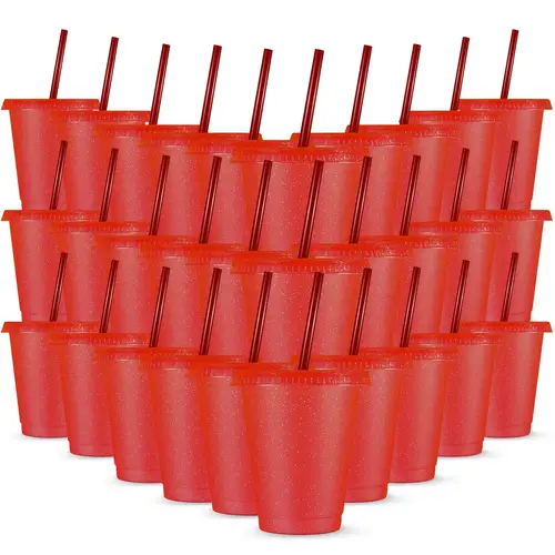 30pcs reusable cups with lids and straws 16 oz glitter iced coffee tumbler plastic travel mug cup for smoothie juices christmas parties birthdays flamingo party bachelor party red