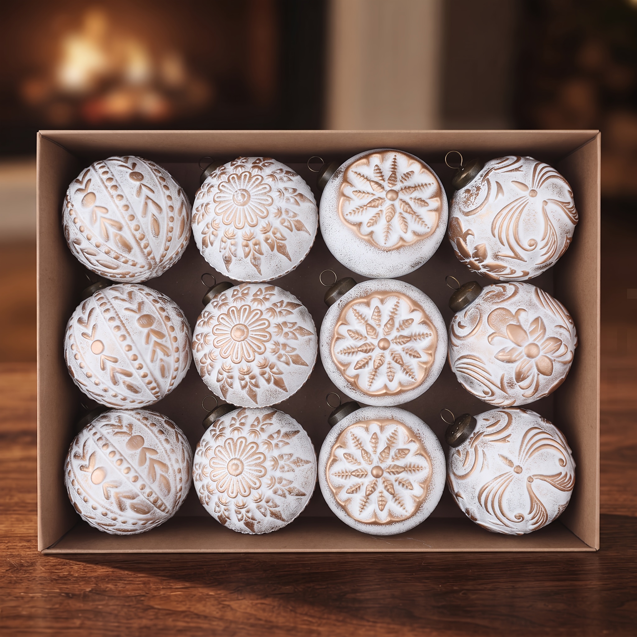 TEMU 12pcs, 8cm Vintage 3d Relief Christmas Ball Ornaments, With Baroque Scroll And Snowflake Carved Christmas Tree Decorations, Shatterproof