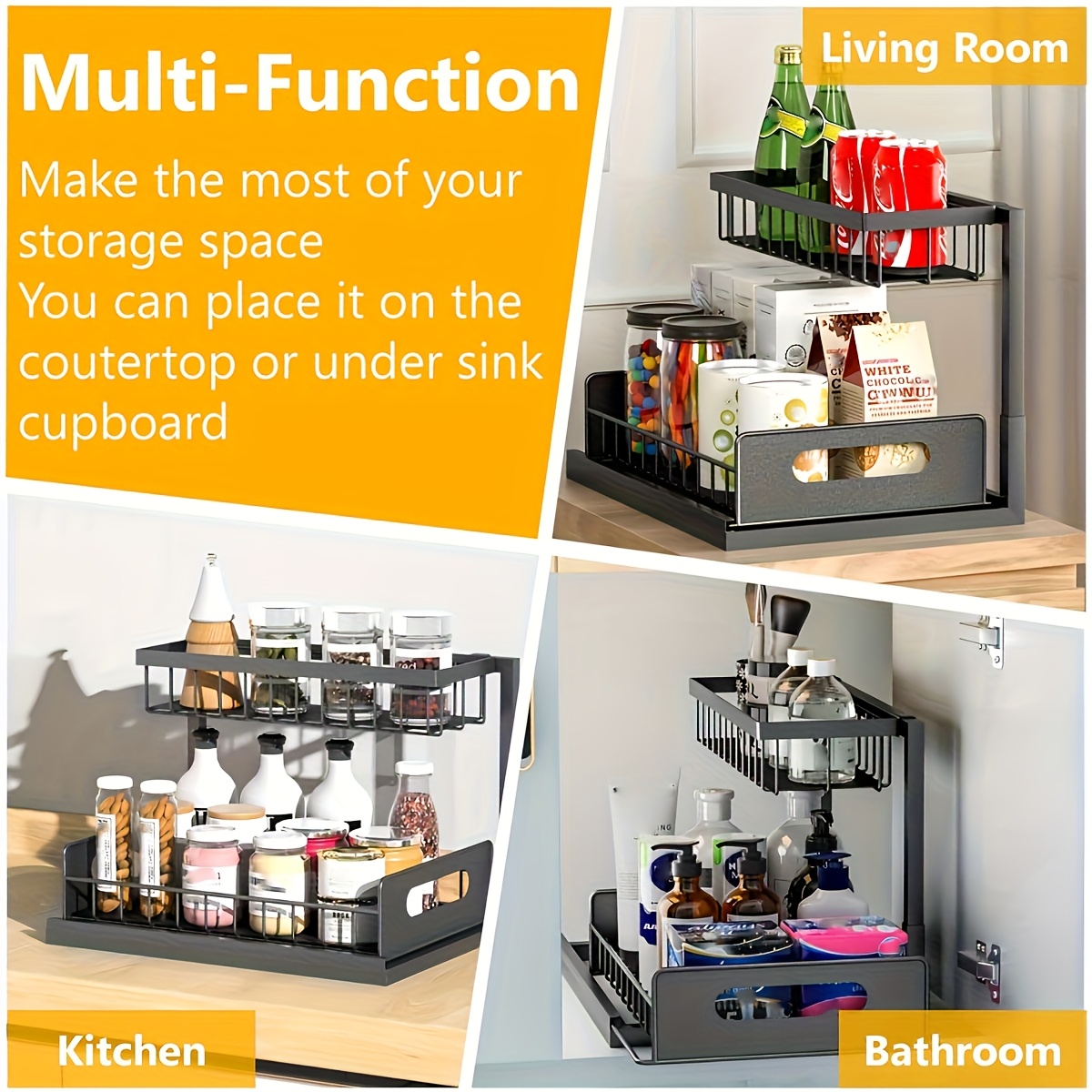 Under Sink Storage,Pull Out Bathroom Cabinet Organizer Adjustable Height Shelf Basket Extra Rustproof Counter Organization