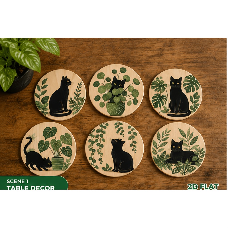 TEMU This Is A Set Of Black Cat And Green Plant-themed Wooden Coasters, Featuring 6 Different Patterns. The Design Combines Black Cats With , An