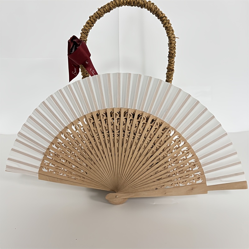 TEMU 23cm Hollow Out Natural Wood Hand Fan Fabric Surface Folding Fan 1/2pcs Vintage Portable Handheld Fan For Party Wedding Daily Decor