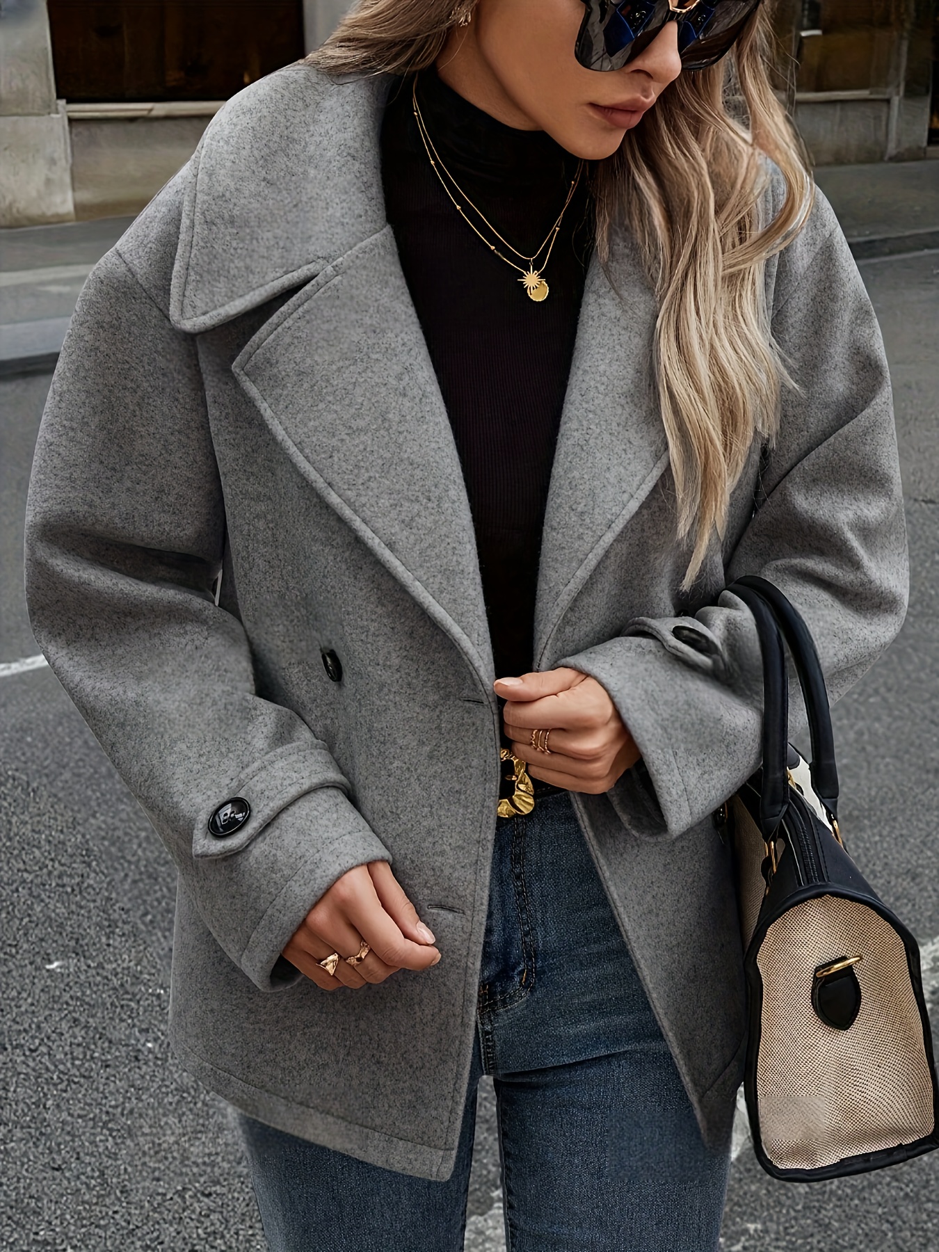 Abrigo elegante para mujer con cuello solapa y doble botonadura, manga larga en poliéster 100%, color sólido, corte holgado en forma de H, ropa exterior tejida para todas las estaciones con detalles de botones
