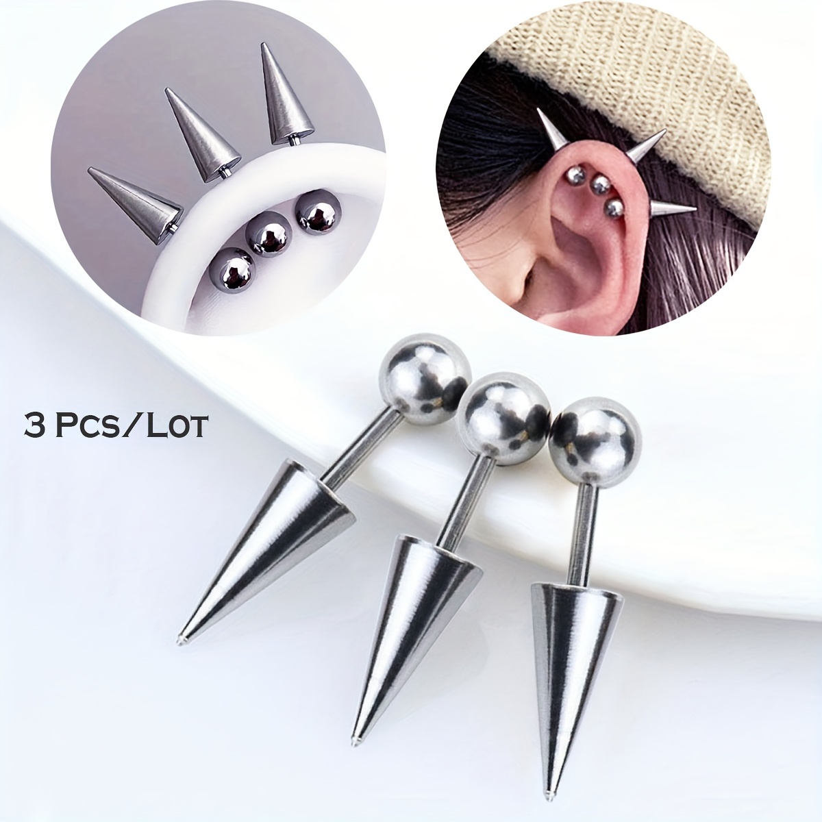 

3pcs/lot Punk Style Stainless Steel Spike Helix Stud Earrings, Devil Ear Stack Cartilage, Body Piercing Jewelry Set