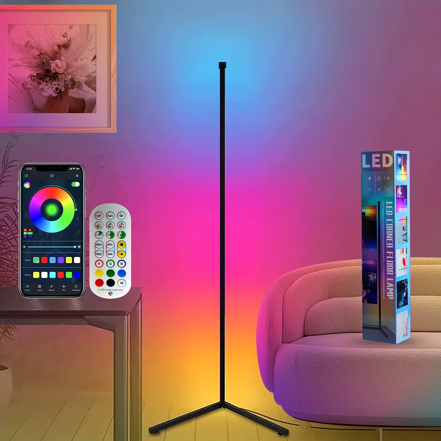 

1pack/2packs, Rgb Corner Floor Lamps, Led Color Changing Lights, 4 With Music, 24 Keys Remote Control, App Intelligent Remote Control, Adjustable , , Height, Usb Power Supply, For Living Room Bedroom