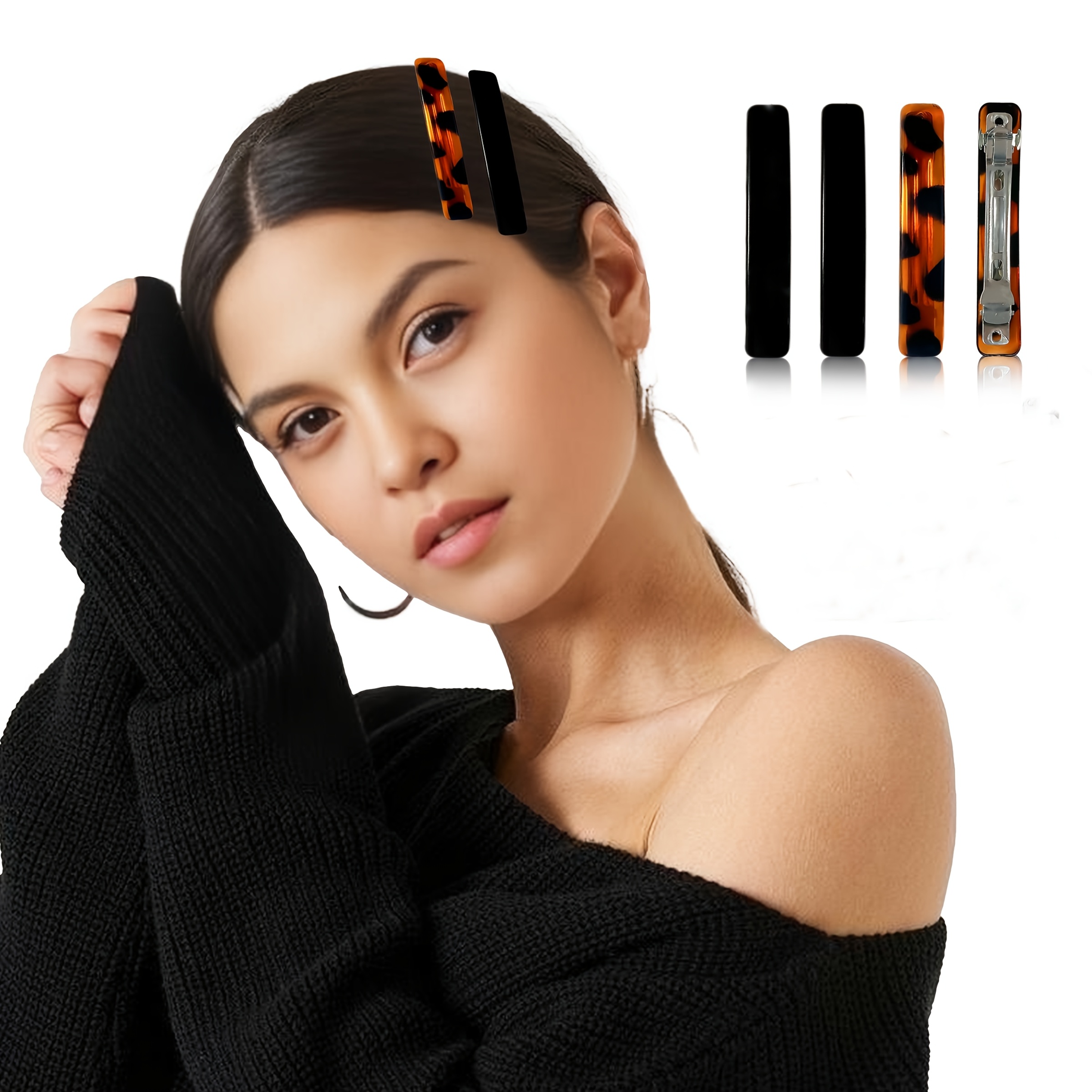 

6pcs Large French Hair Barrettes For Women, Shell And Black Rectangular Clips, Comfortable Wear, Suitable For All Hair Types