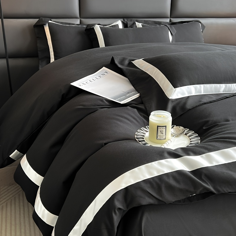 4pcs Elegant Black & White Quilted Bedding Set - Soft Polyester, Machine Washable, Zip Closure, All-Season Comfort, Perfect Gift for Luxury Home Decor, Machine Washable Comfort|Minimalist Aesthetic|Zippered Comforter