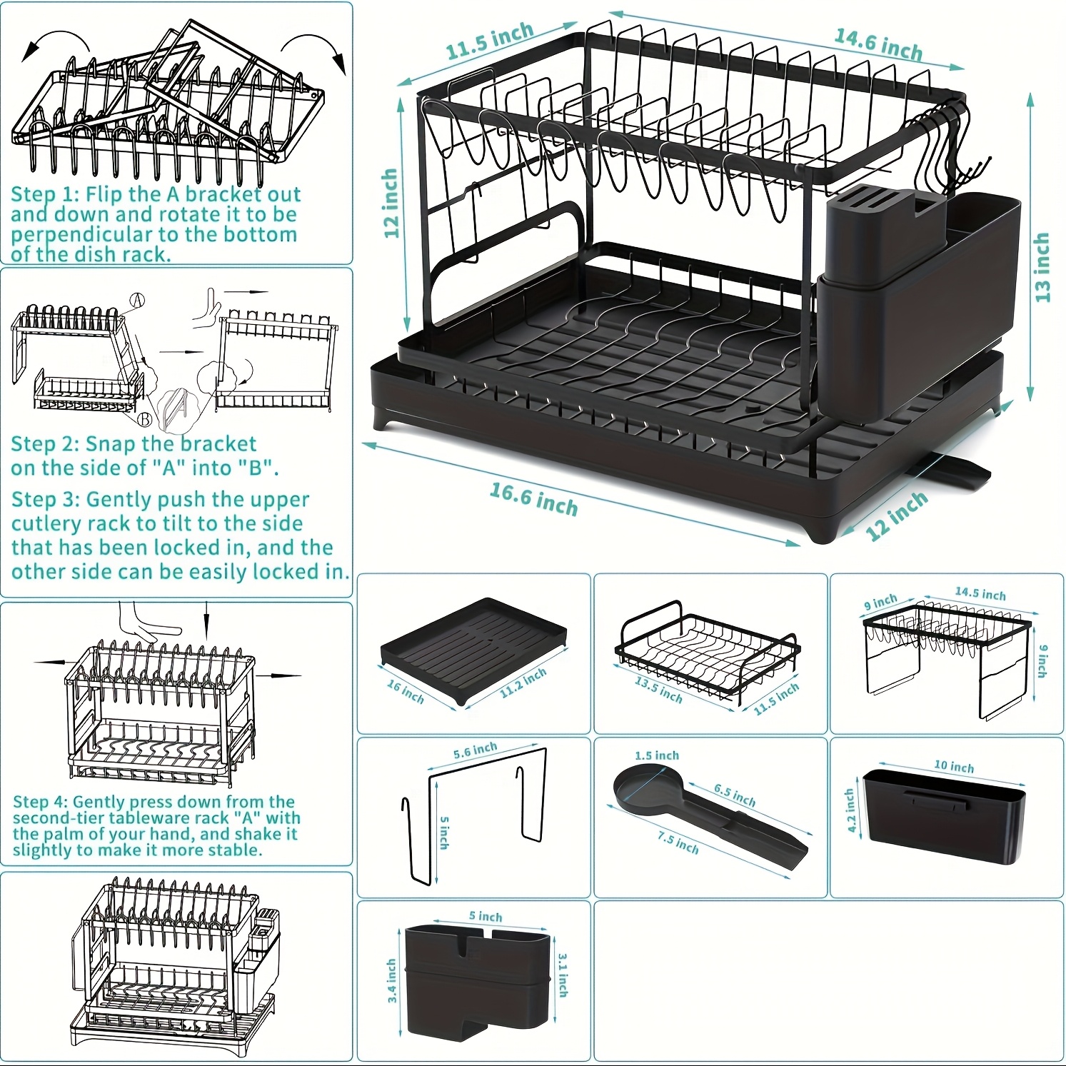 2 tier metal dish drying rack with drain board black   saving kitchen organizer for dishes glasses   removable cutting board and utensil holder dish drying station details 0
