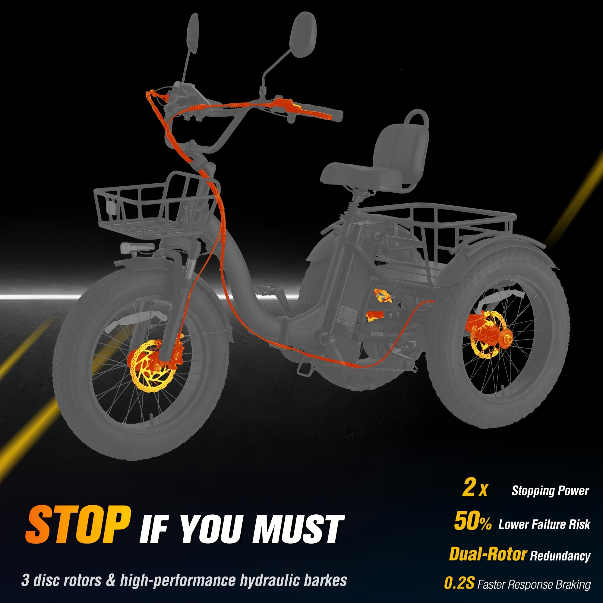 adult   749w motor 54 6v 13ah battery 20 x 4 inch folding fat tire 3 wheel   20 mph hydraulic brakes rear basket and differential Product details 1