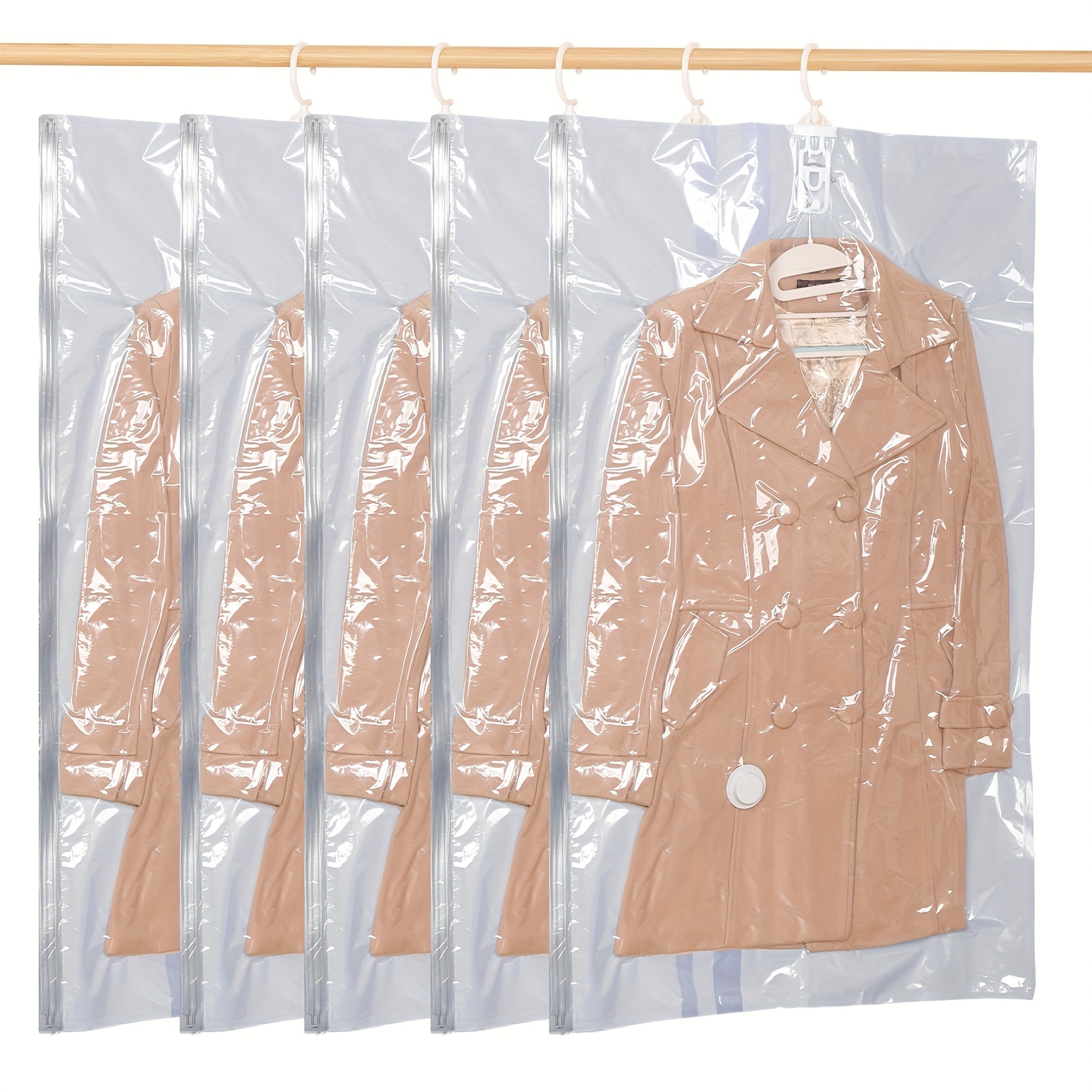 

5-pack Hanging Vacuum Storage Bags, Multipurpose Rectangle Plastic Garment Bags With Zipper Closure For Winter Coats, Suits, Jackets, And Down Jackets - Space-saving Organizer, No Electricity Needed