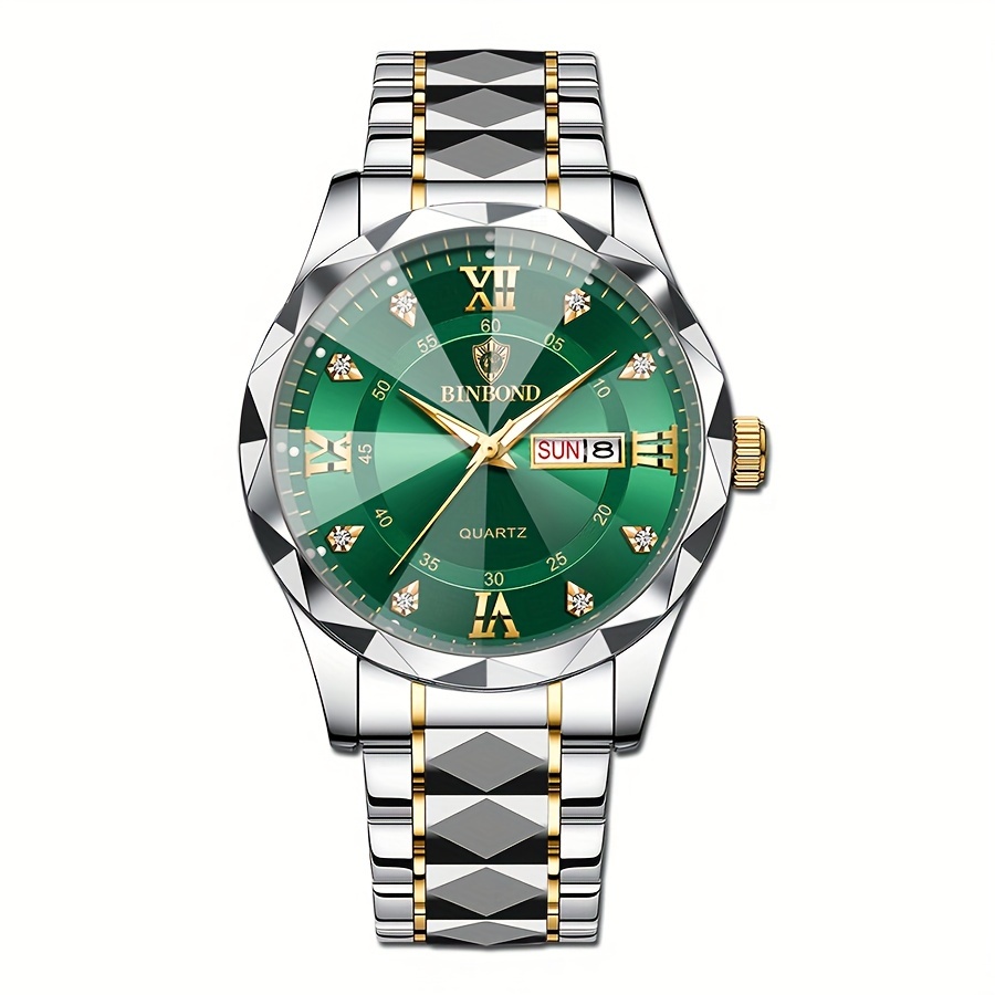 1pc Binbond Men's Business Watch, Stainless Steel Quartz Movement, Round Zinc Alloy Case, Luminous Dual Calendar, Battery Powered with Electronic Drive