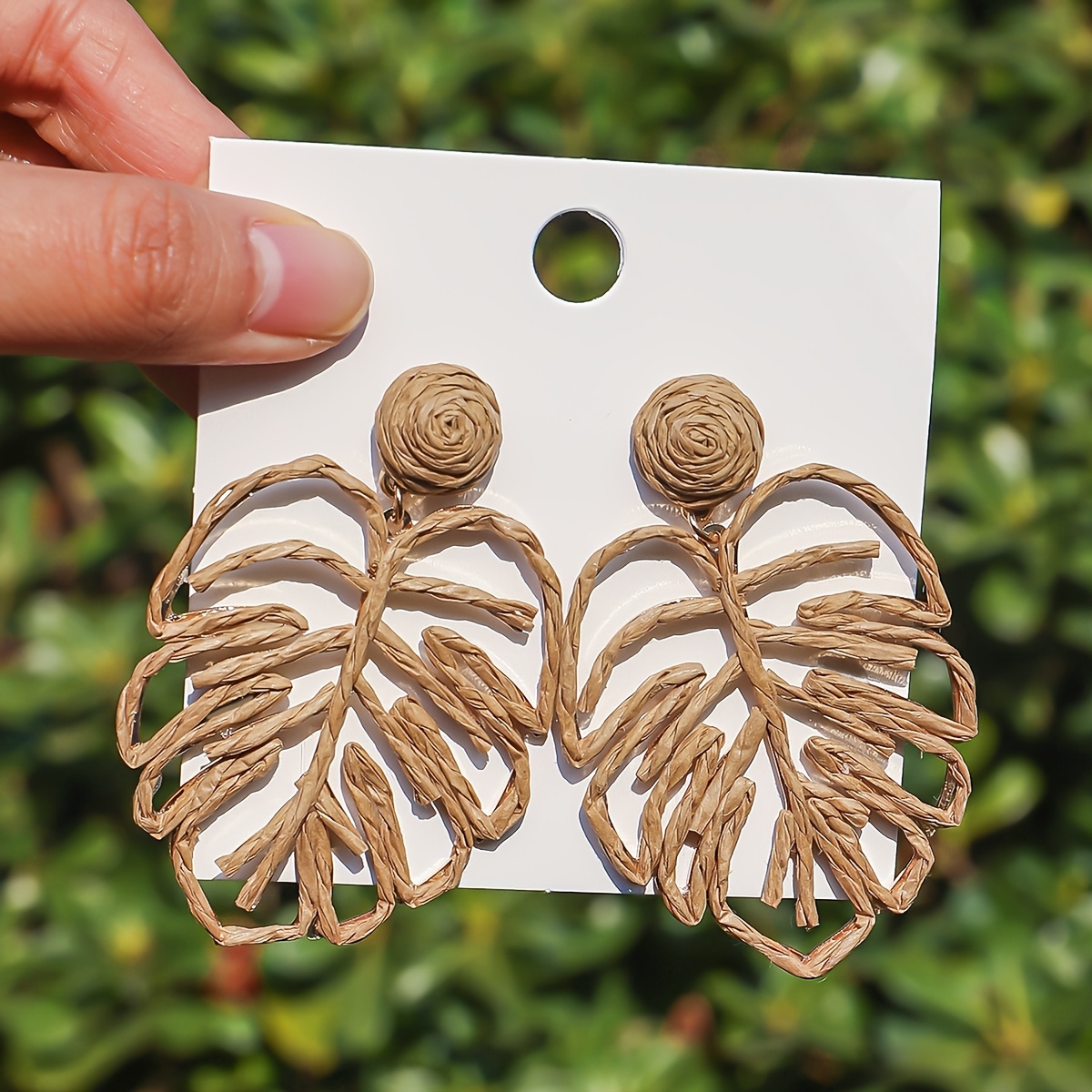 Bohemian Hand-Woven Raffia Hollow-Out Leaf Earrings