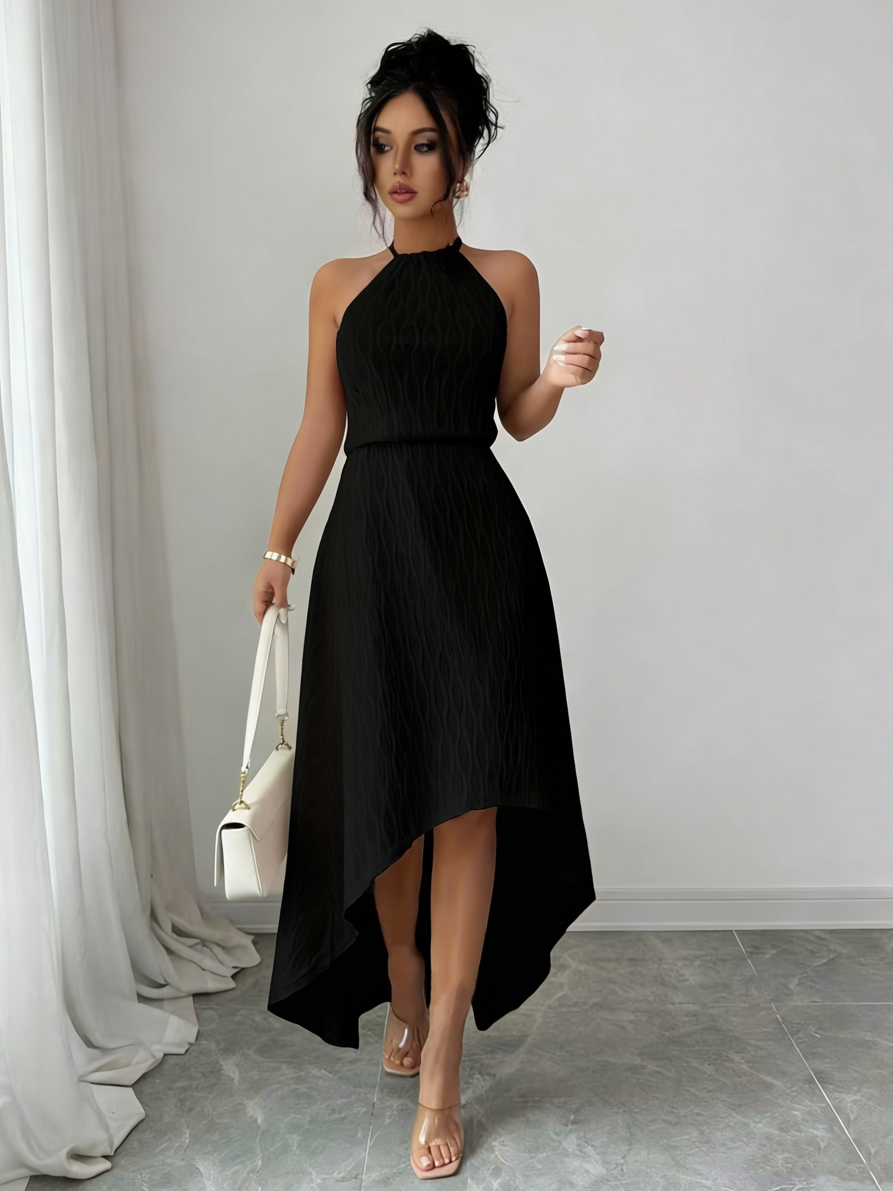elegant halter neck pencil dress asymmetrical hem sleeveless - Temu Bahrain