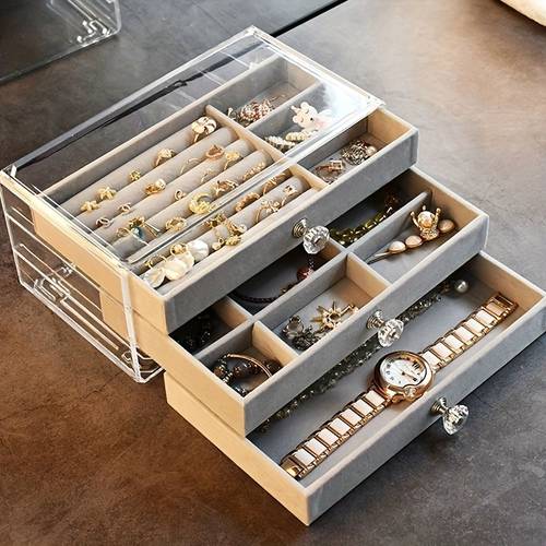 3 tier transparent jewelry organizer box with soft fabric lined drawers portable large capacity dustproof storage for earrings necklaces bracelets contemporary home decor holiday gifts for women valentines day christmas jewelry box compartmentalized boxes
