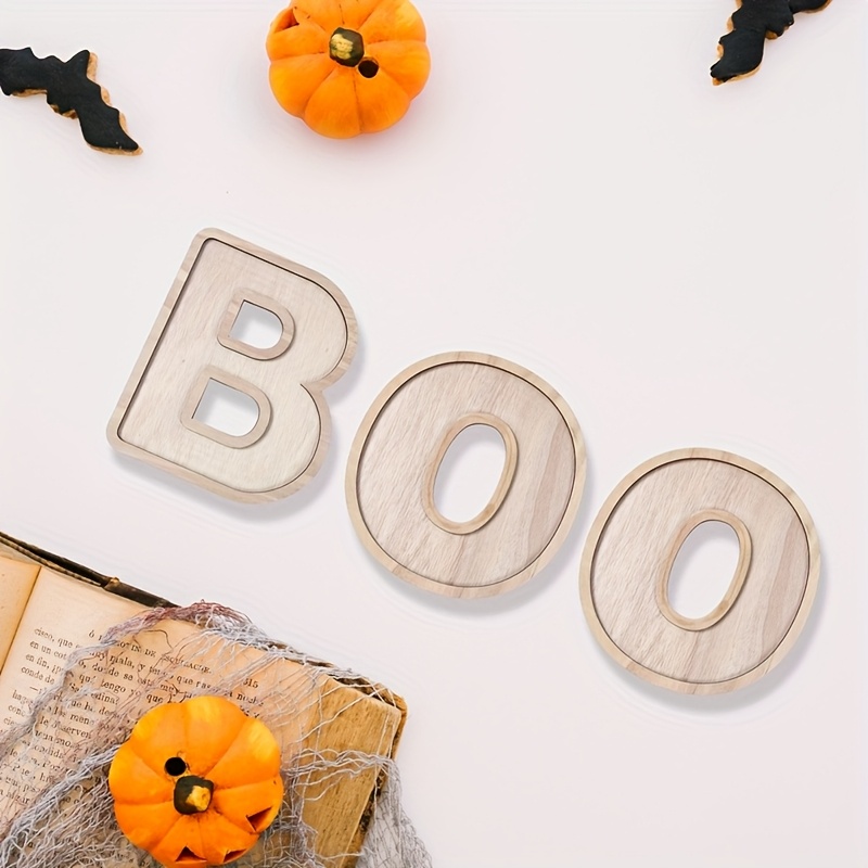 3pcs, Bandeja Decorativa, Bandeja de Madeira de Halloween, Design de   BOO para Decoração de Mesa, Decoração de Festa de Halloween, Decoração de Halloween para Casa, Suprimentos de Festa de Halloween (Sem   com Alimentos)