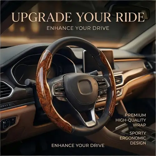 Wood Grain Steering Wheel Cover – Black Synthetic Leather – Fits 14.5-15.5 Inch Wheels – Universal