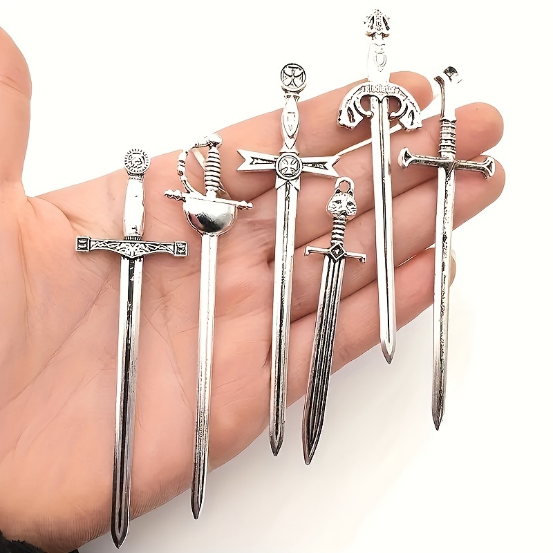 

6-piece Vintage Silver Sword Metal Bookmark Set - Elegant Reading Clips & Diy Craft Charms, Perfect For Party Favors And Handmade Gifts