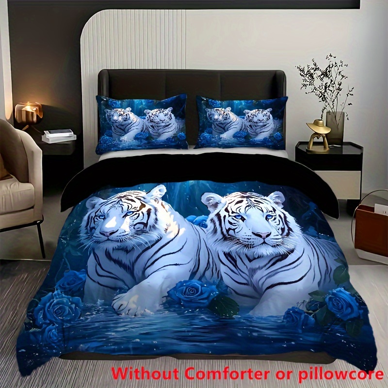 White Tiger & Blue Rose 2/3pcs Duvet Cover Set - Soft, Breathable Polyester, For Bedroom & - Includes 1 Duvet Cover & 1/2 Pillowcases (no Insert)