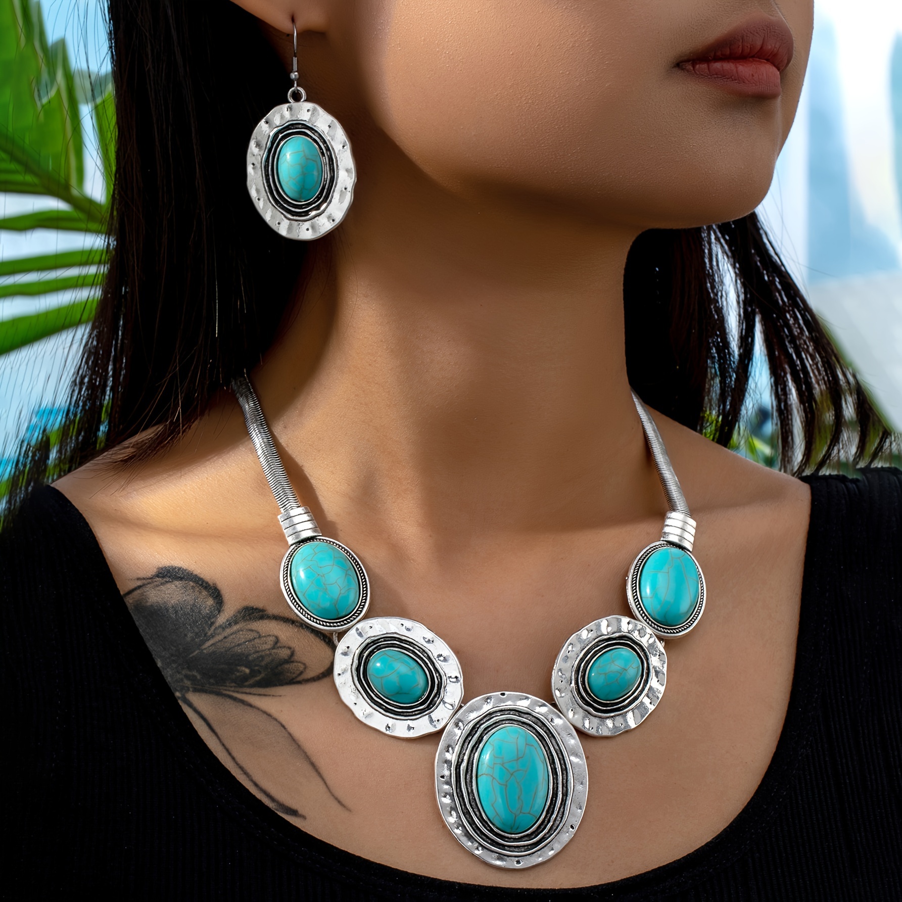 

Luxury Jewelry Set, Vintage Western Bohemian Style, Elliptical Turquoise Pendant & Earrings, Bold Statement Snake Chain Necklace And Earrings Set, Delicate Accessory For Ladies