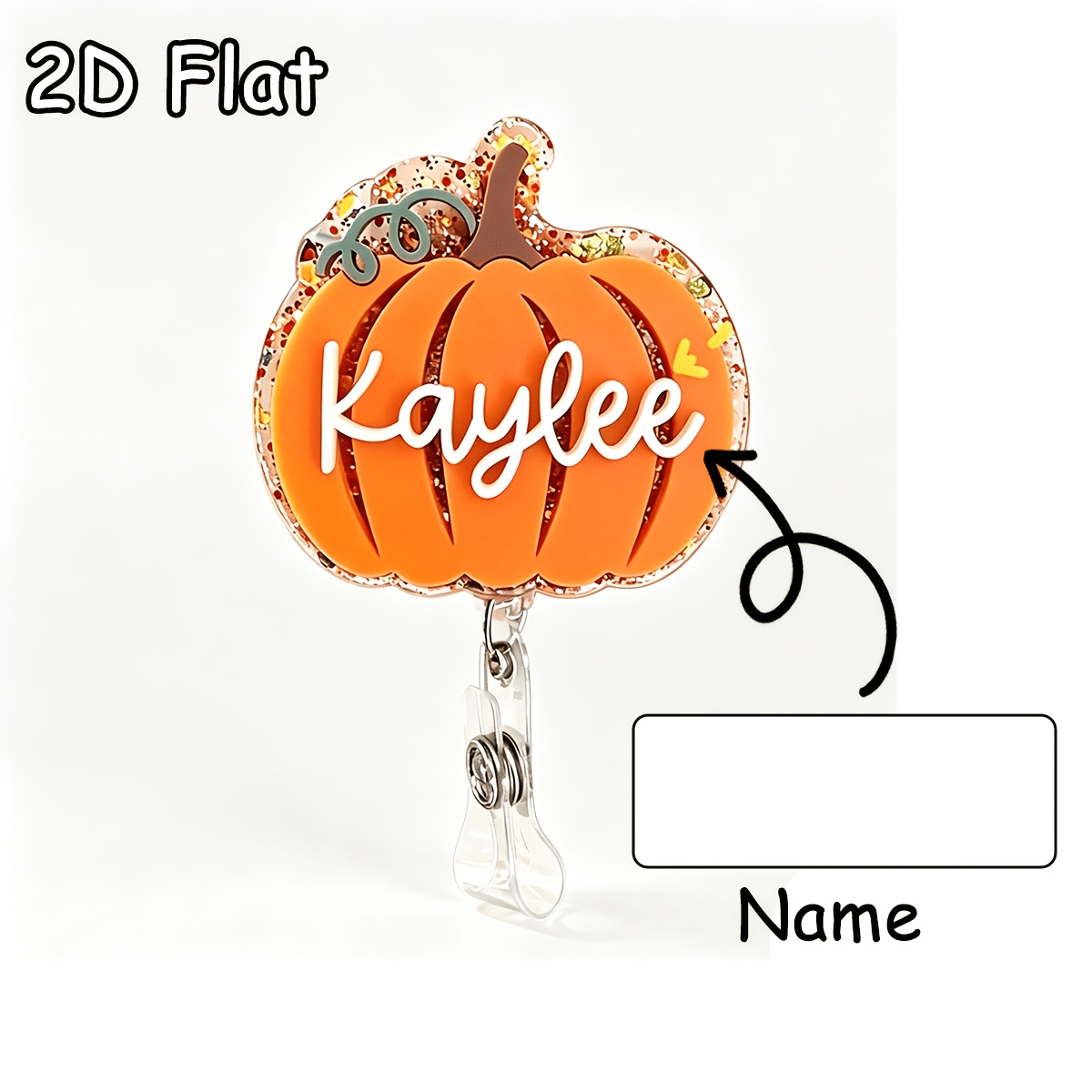 TEMU 2d Flat, 2d Personalized Custom Name Glitter Pumpkin Retractable Badge Reel, Personalized Fall Glitter Acrylic Id Badge Holder Retractable Clip,