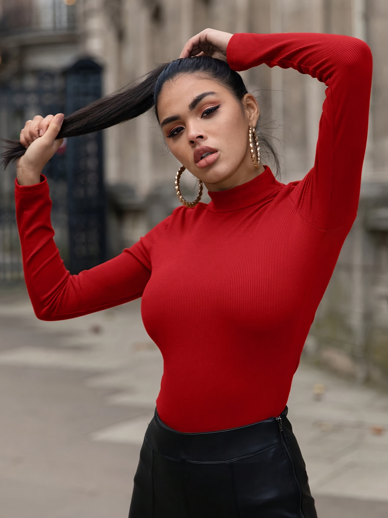 Slim Mock Neck Plain Color T-shirt, Casual Long Sleeve Top For Spring & Fall, Women's Clothing