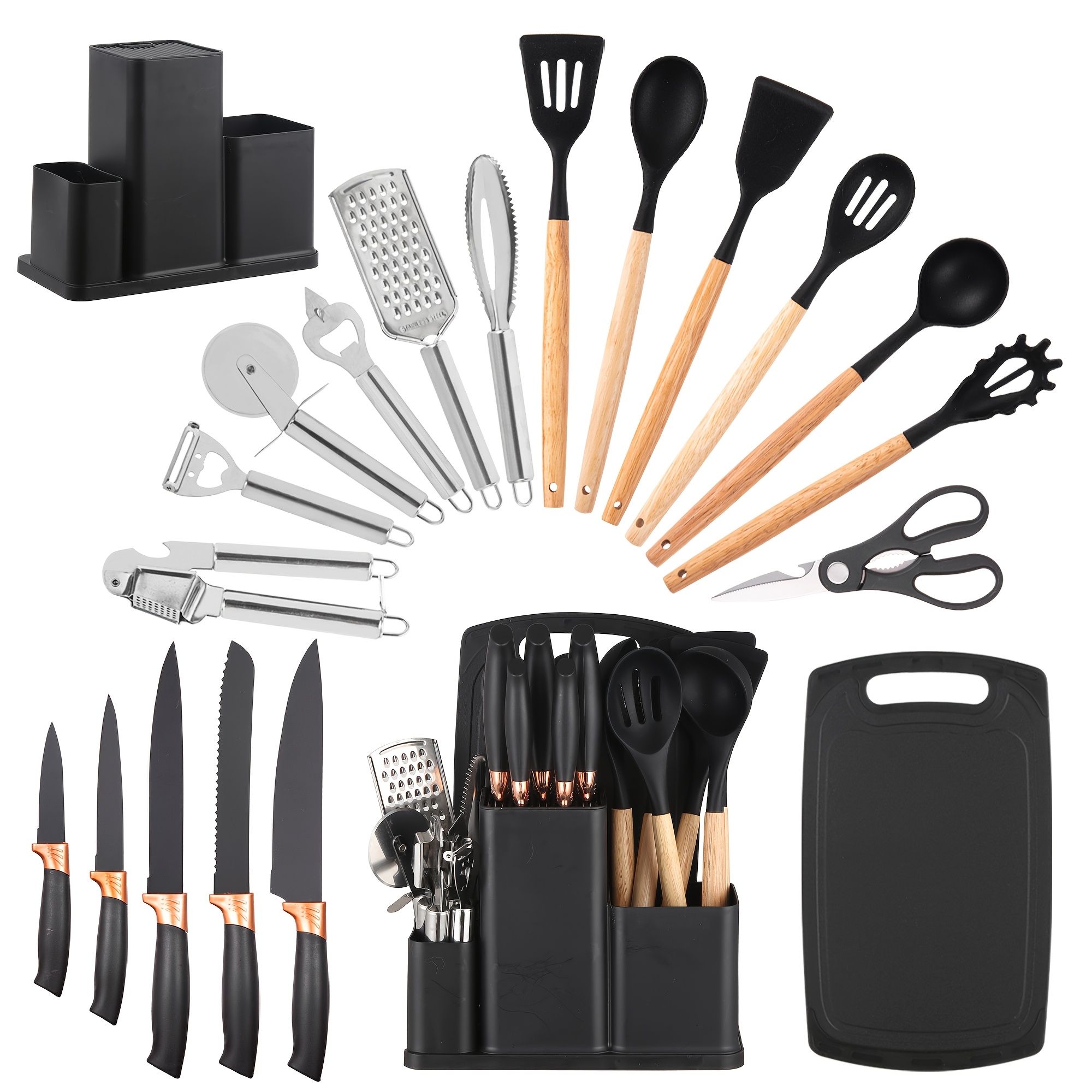 TEMU 20pcs Premium Silicone Kitchen Utensil & Knife Set - Nonstick Knife Set With Holder, Full Cooking Tools For Home Kitchen, Silicone Wooden Handle Cooking Tools, Cutting Board & Scissors
