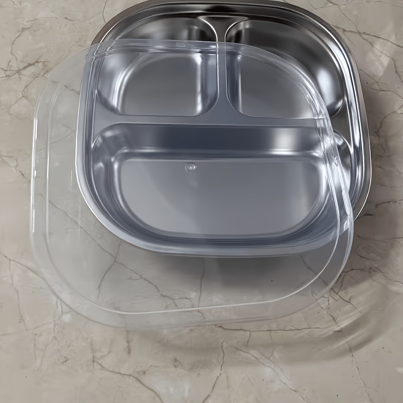 TEMU Assiette compartimentée en acier inoxydable à 3/4 sections avec couvercle, assiette de des , plateau de cantine commercial, assiette à sections