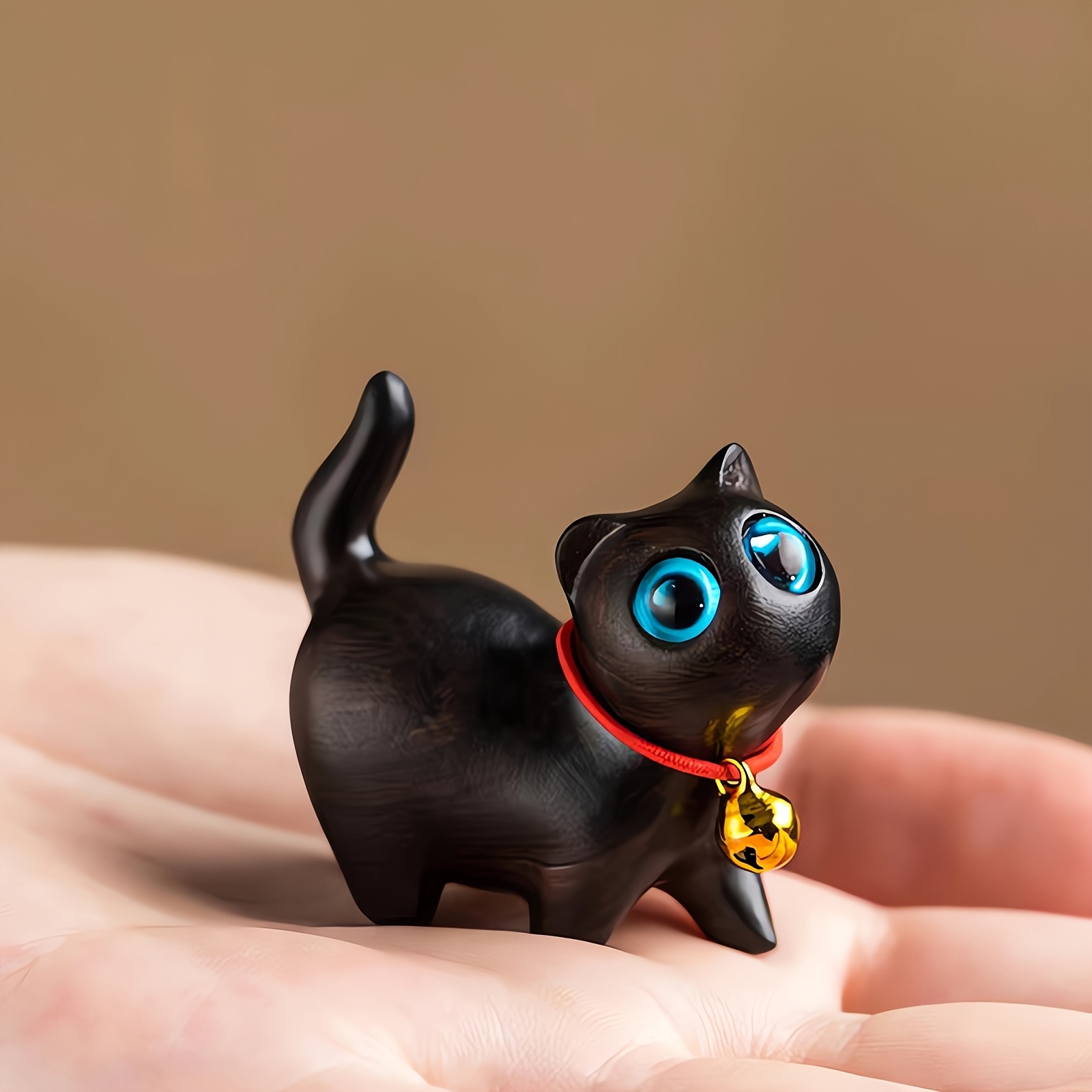 TEMU Collectible Figurines, A Handcrafted Wooden Black Cat Figurine With A Bell - Perfect For Home And Desk Decoration, An Ideal Holiday Gift - No Electricity Required