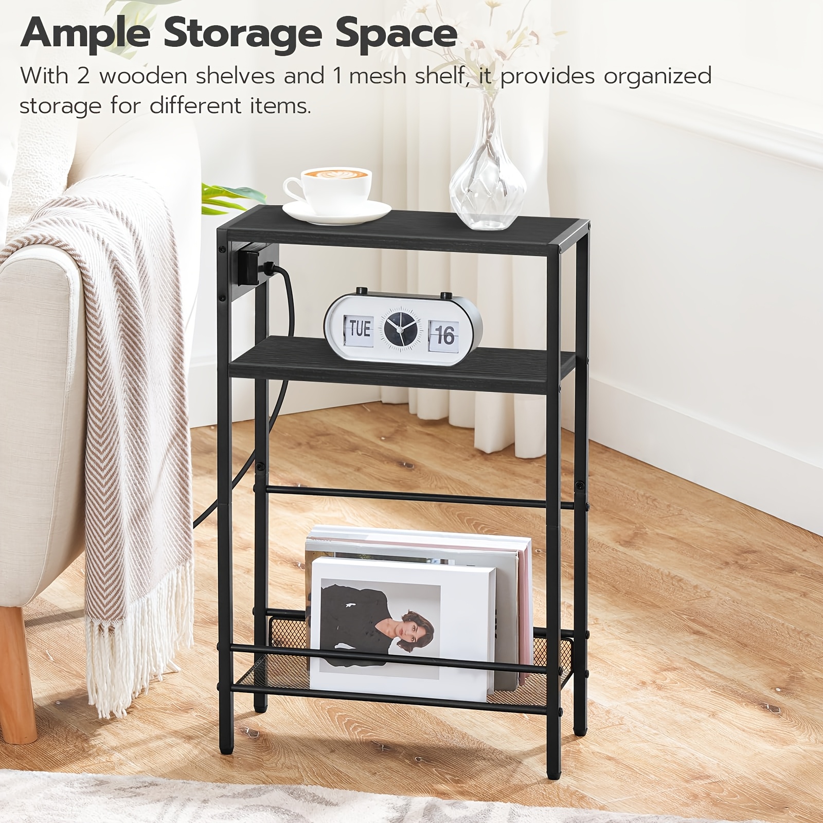 Slim Side Table with Charging Station, Narrow End Table for Small Spaces