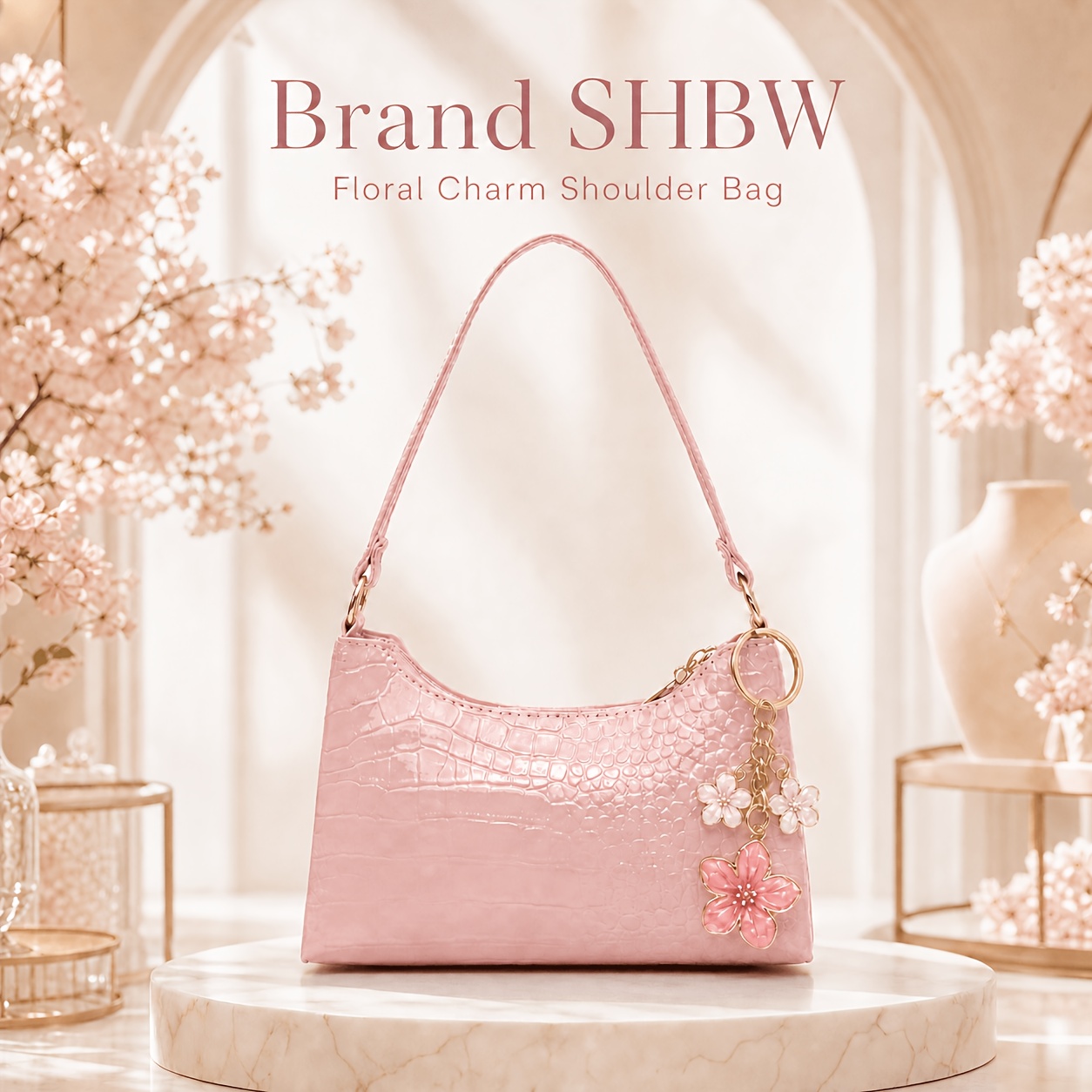 TEMU Brand Shbw Pink Crocodile Embossed Crescent Shoulder Bag With Floral Charm Pendant, Elegant Mini Hobo Purse For Women, Daily , Shopping, Dating,