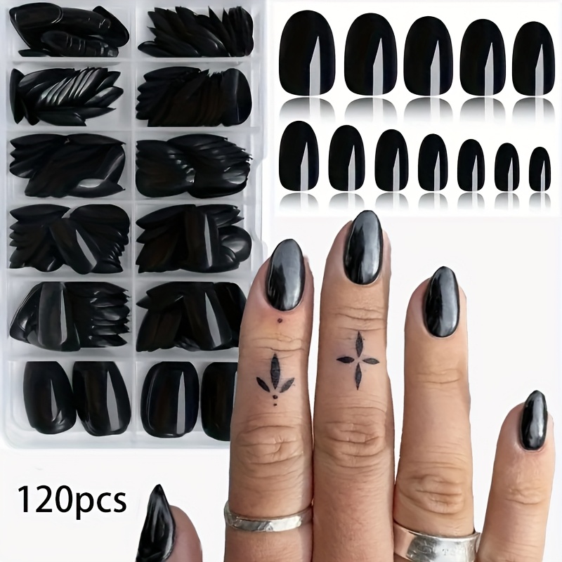 120pcs Short Oval Press On Nails - Black Red Glossy Solid Color, Almond Shape Medium Length, Strong And Flexible No Damage Glue On Women Nail Kit, Convenient Care, No Pressure Design