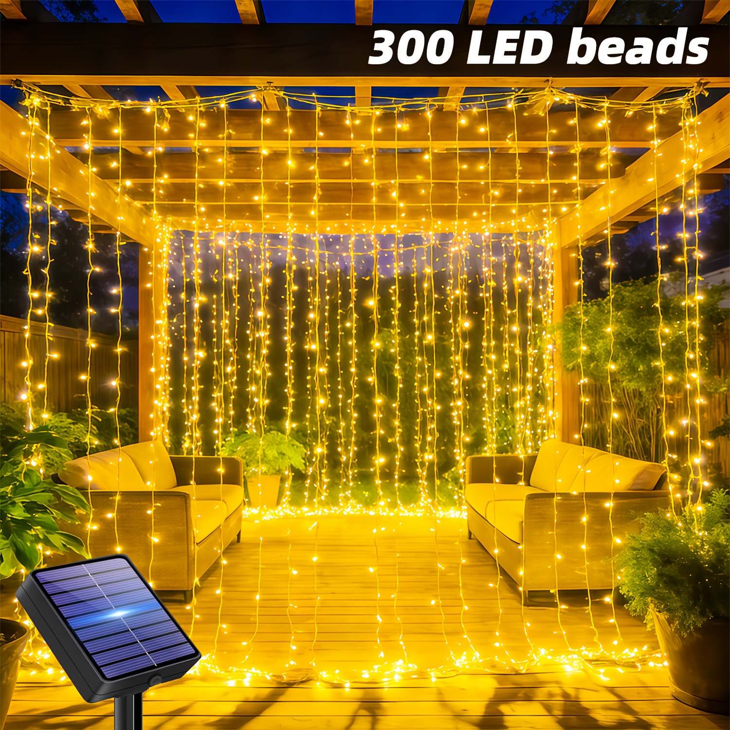 TEMU Solar Curtain Lights, 8 Led Outdoor String Lights, Waterproof Solar Powered Icicle Lights, Warm White Waterfall Light For Garden Patio Gazebo