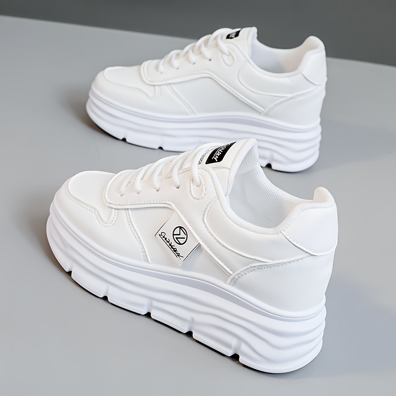 Image of New Style Solid Sneakers For Women, 2024 Autumn Trendy Little White Shoes, Thick Sole, Built-in Height Increase, Wear-resistant, Casual, Student Shoes, Women Shoes