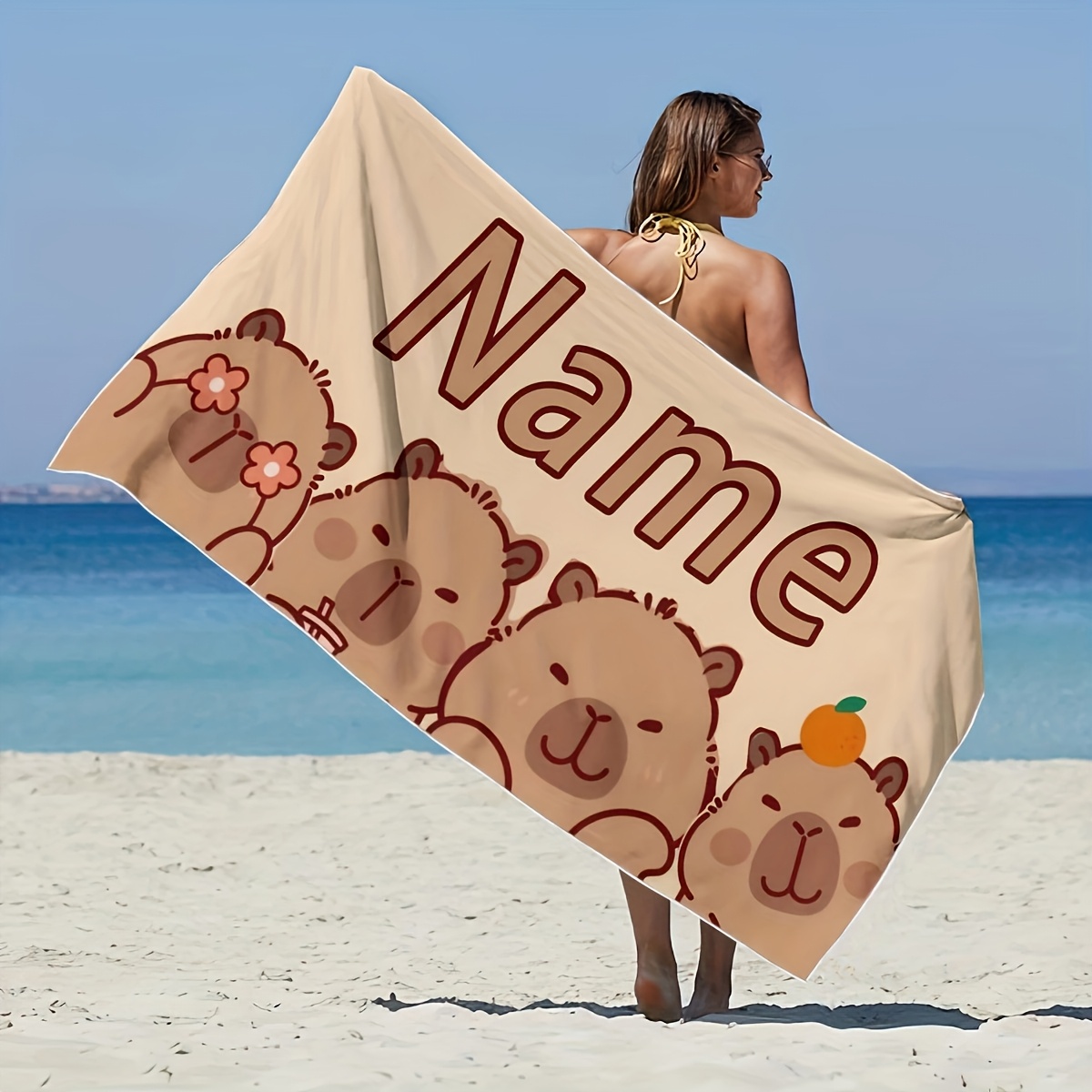 TEMU Personalized Capybara Name/text Towel - Custom Funny Cartoon Capybara With Name/text, Quick-dry Microfiber Lightweight Travel Towel Suitable For