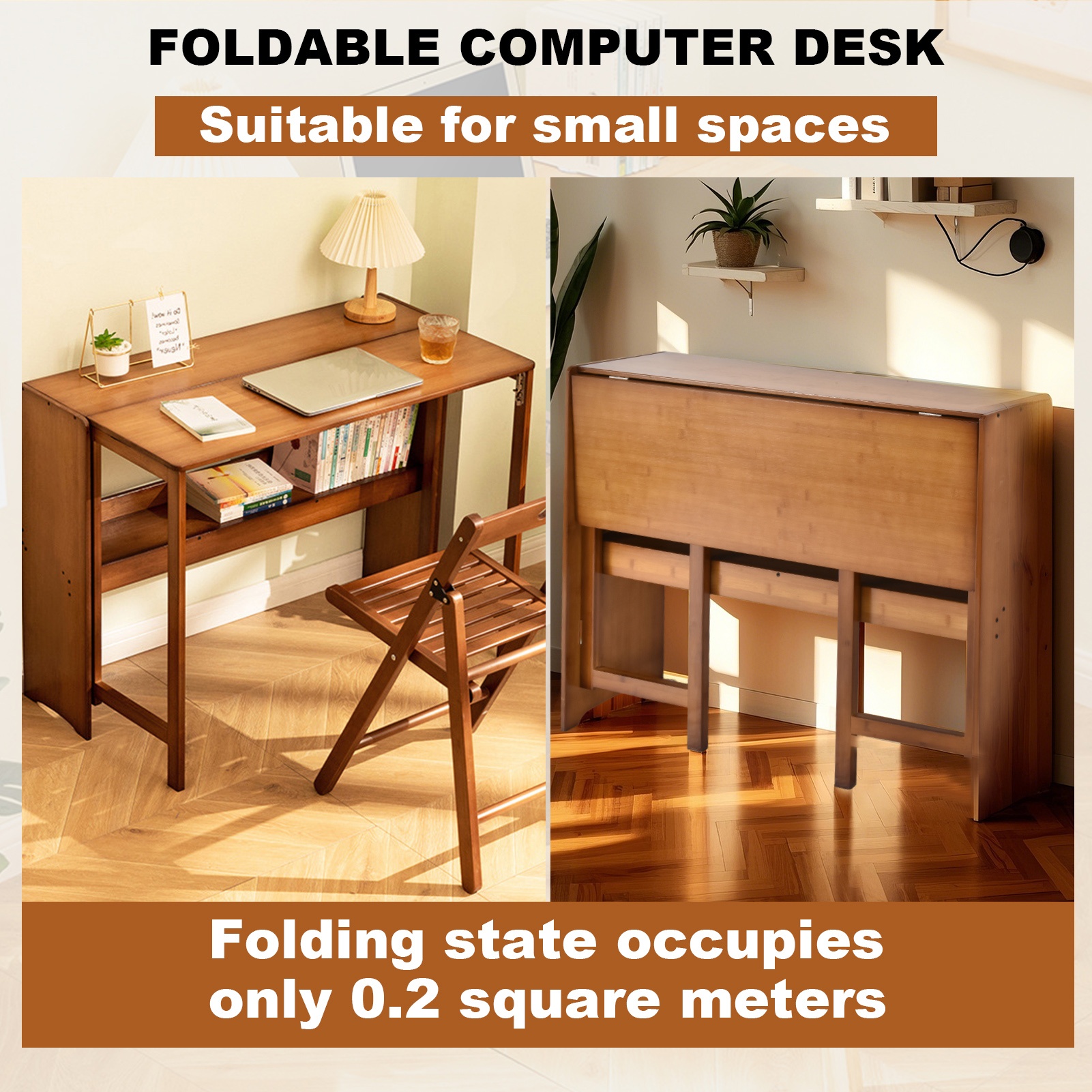 Multipurpose Folding Desk, 40.6 Inch Wide Wooden Table (Folds to 9.8in) - Space Saving Design with Storage for Home Office, Dining & Study