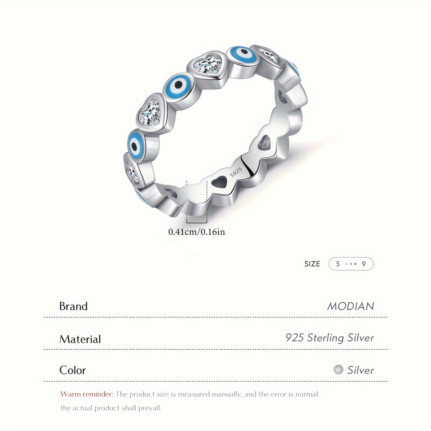 Women's 925 Sterling Silver Heart Shaped Stackable Ring with CZ Eyes