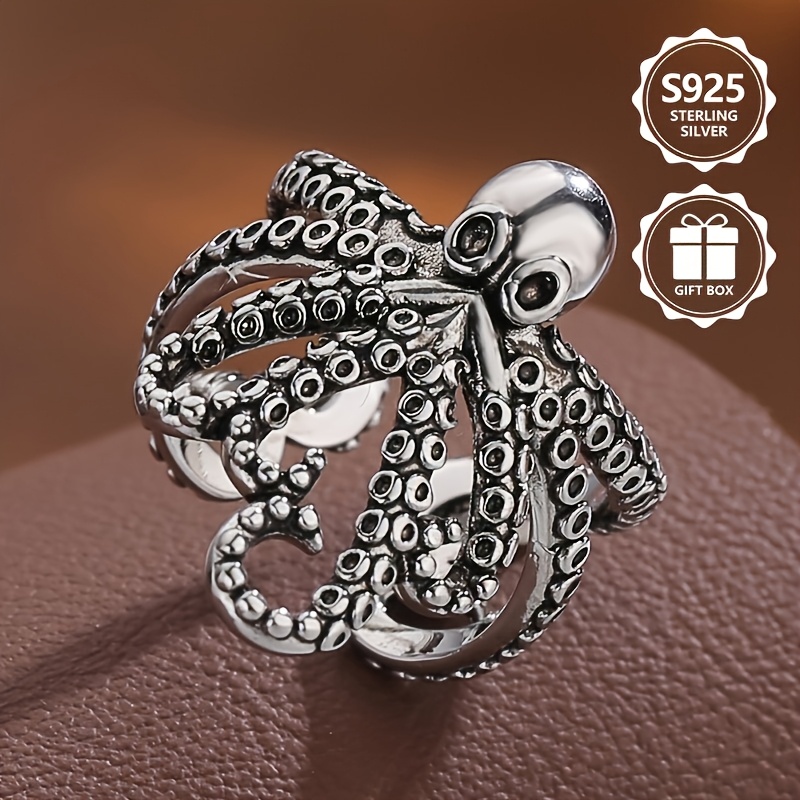 925 Sterling Silver Octopus Ring, Vintage Chunky Unique Design