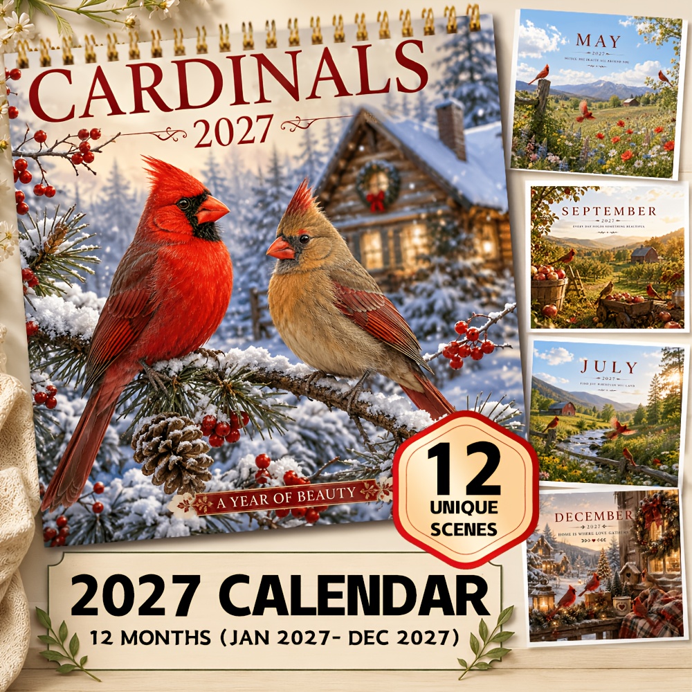TEMU Calendrier mural 2027 Cardinal boréal, Meilleurs amis oiseaux toute l'année, Pas de vol en solo ! 12 scènes uniques de cardinaux et , décoration