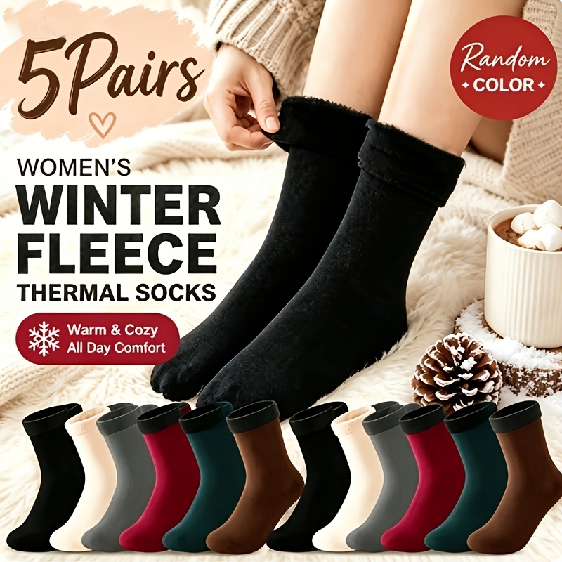 TEMU Random 5 Pairs Men Women Winter Thick Plush Warm Socks, Lamb Fleece Snow Boots Socks Solid Color Mid-calf Floor Socks Wearable Mid-calf Socks