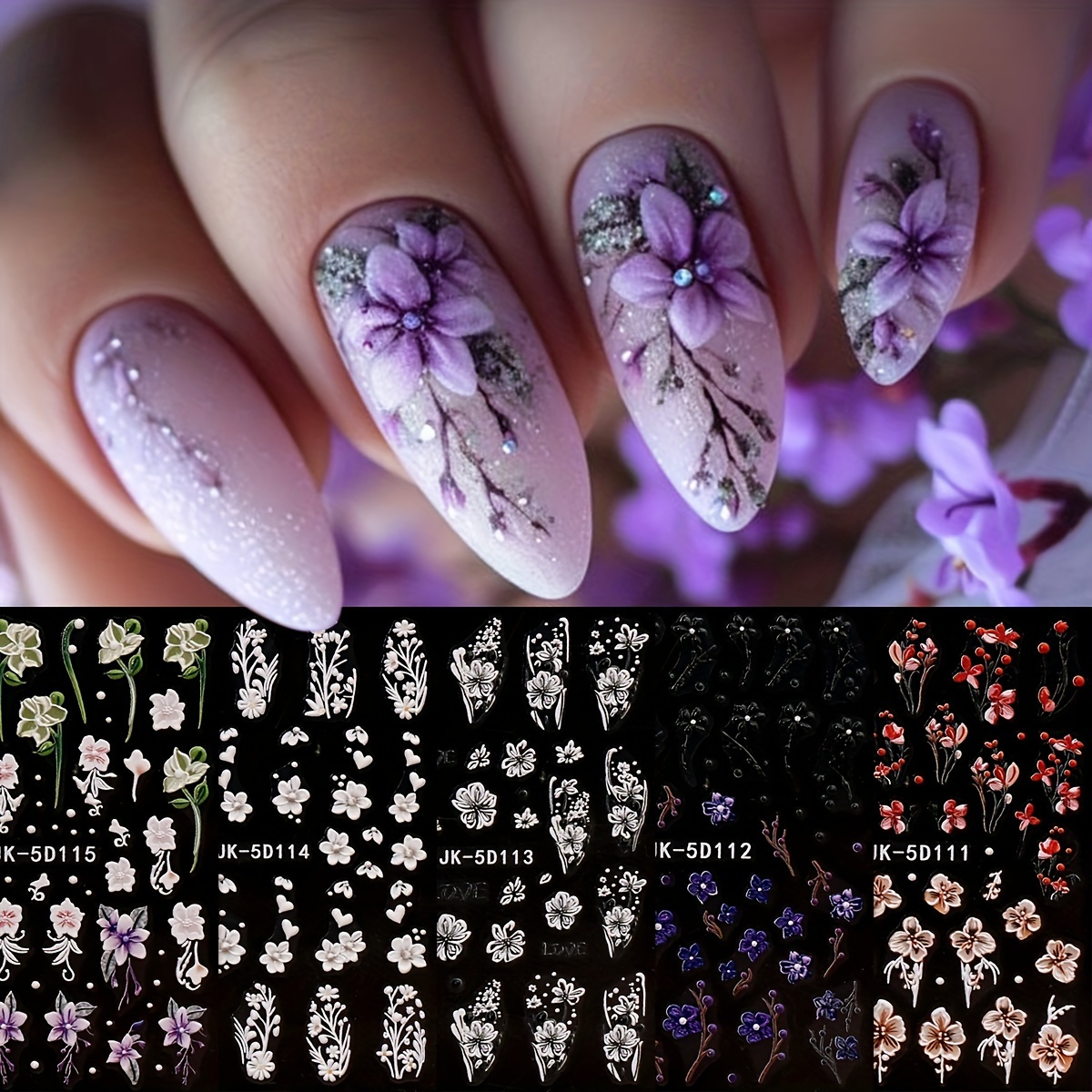 

5-piece Spring & Summer Floral 5d Embossed Nail Art Stickers - Self-adhesive, Sparkle Finish Decals For Easy Diy Manicure